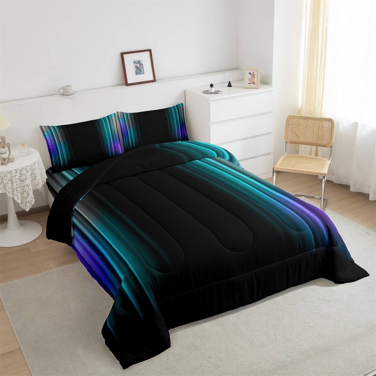 Feelyou Juego de ropa de cama geométrica degradada para hombres, adultos, adolescentes, verde azulado y azul, gris, negro, a rayas, juego de edredón