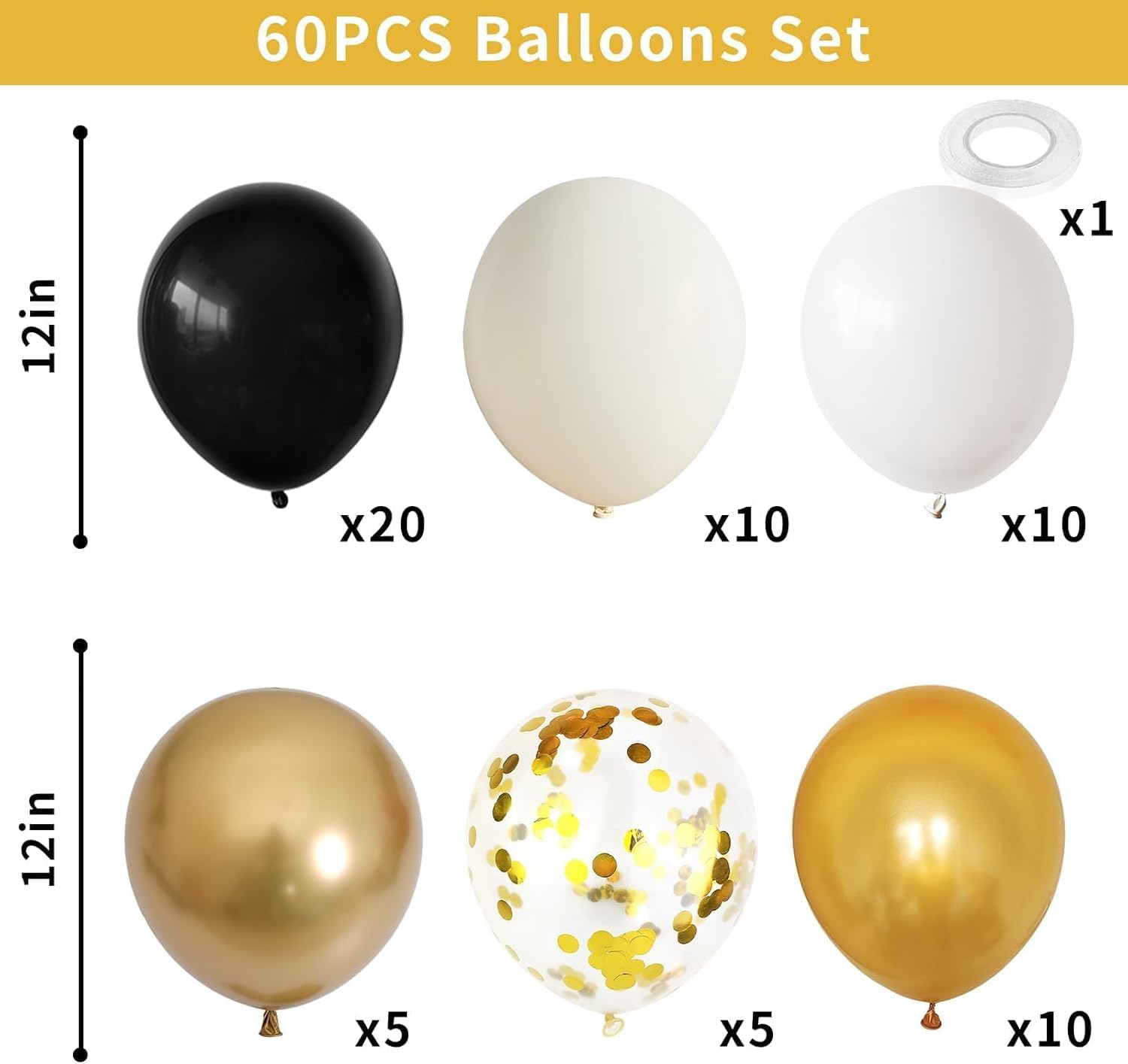 Globos de color negro, dorado y beige, 60 globos de arena negra dorada y blanca con globos de fiesta de confeti dorado metálico para graduación,