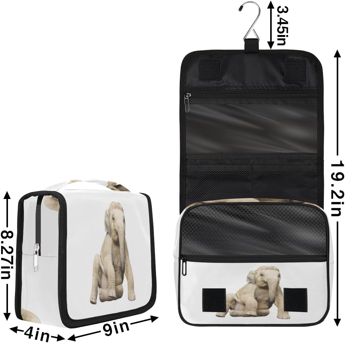 QsirBC Bolsa de aseo de elefante lindo de animales para mujer, organizador de maquillaje de viaje con gancho para colgar, bolsas de cosméticos de