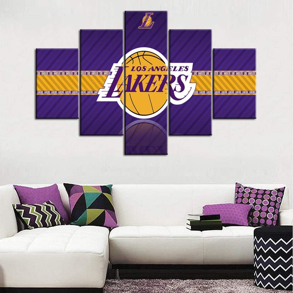 Lienzo decorativo con logotipo de Los Angeles Lakers, pinturas de la NBA, 5 piezas, obras de arte de baloncesto, deportes en el centro de grapas,