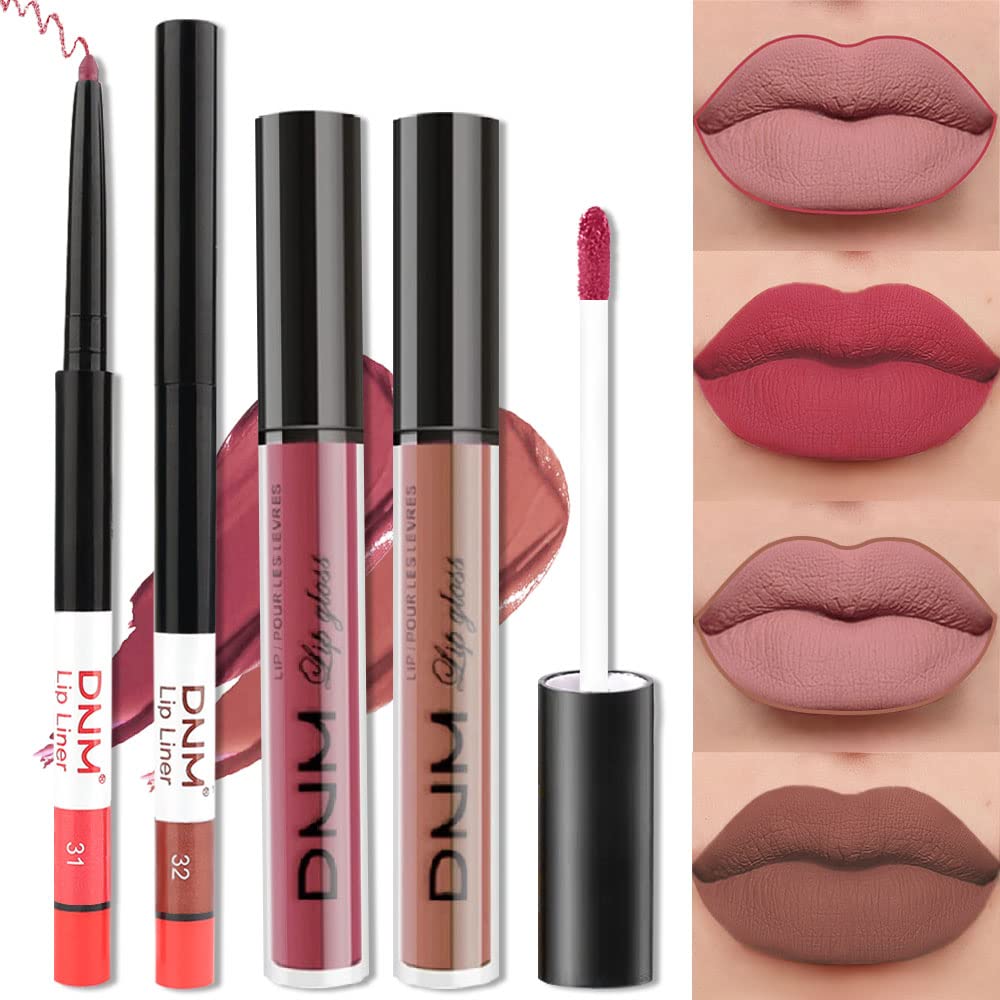 BINGBRUSH Juego de lápiz labial y delineador de labios mate líquido, 2 colores, tinte de labios rojo nude, 24 horas, impermeable, terciopelo