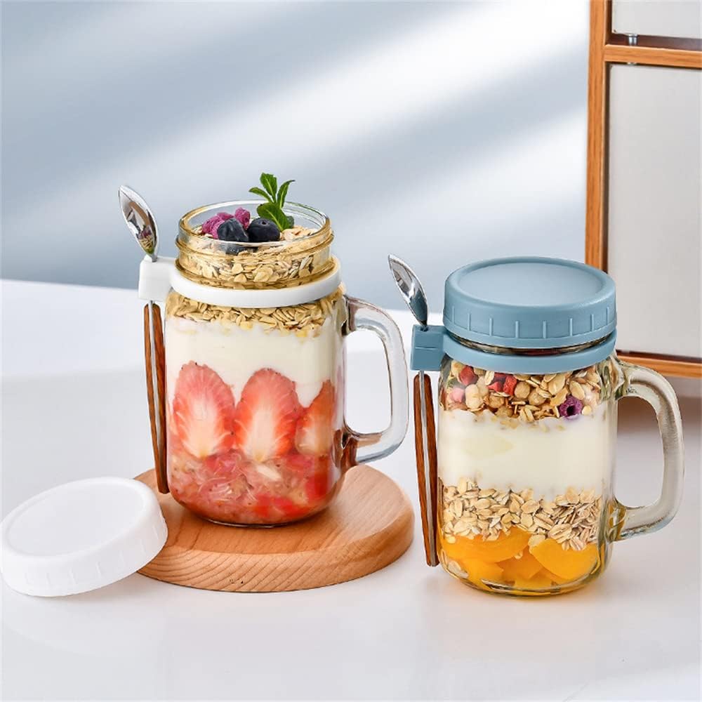 Tarros de avena con cuchara y tapa, paquete de 2 tarros de avena de vidrio de 16.2 onzas con asa, tarros herméticos de gran capacidad para frutas,