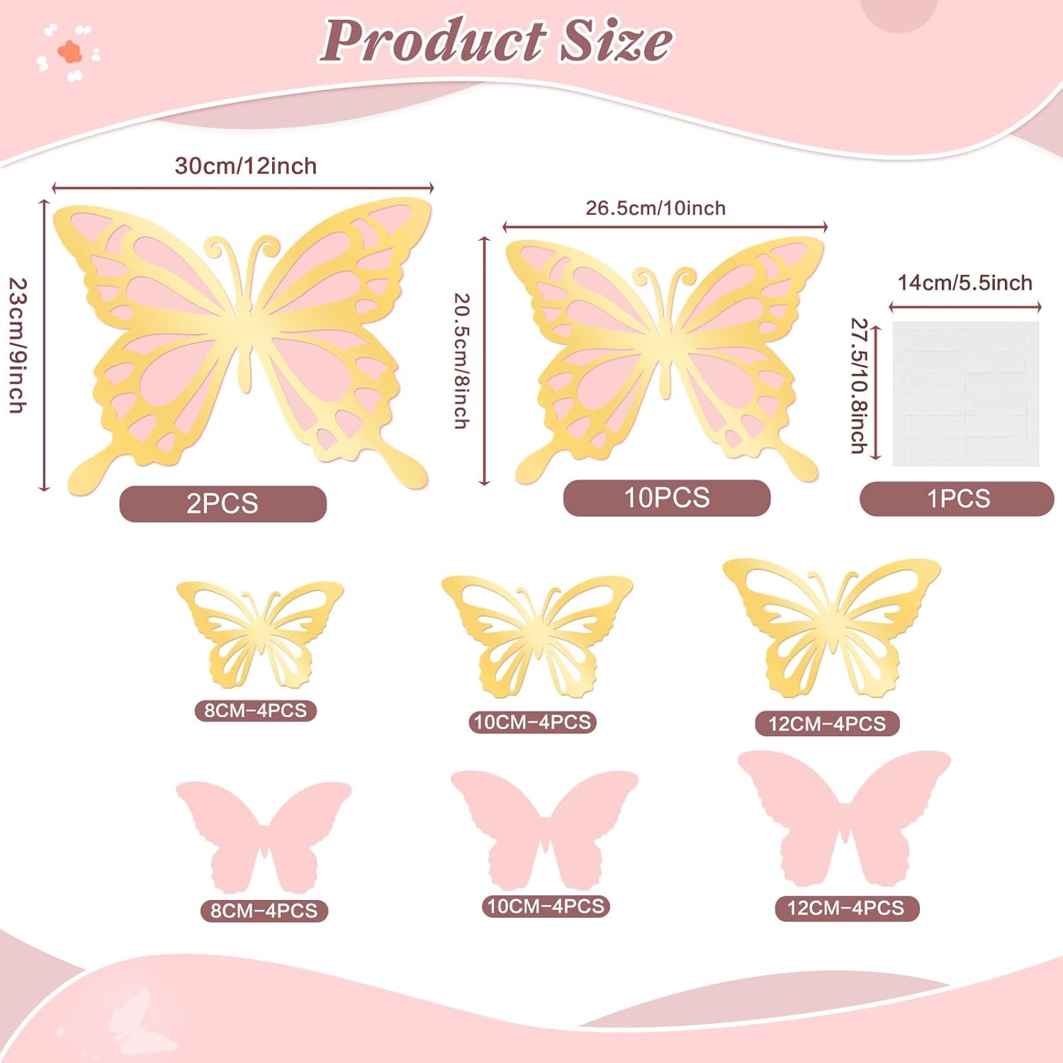 24 decoraciones de mariposa dorada 3D de mariposa grande de 2 capas, decoración de pared de mariposa de 5 tamaños diferentes, mariposa de papel rosa
