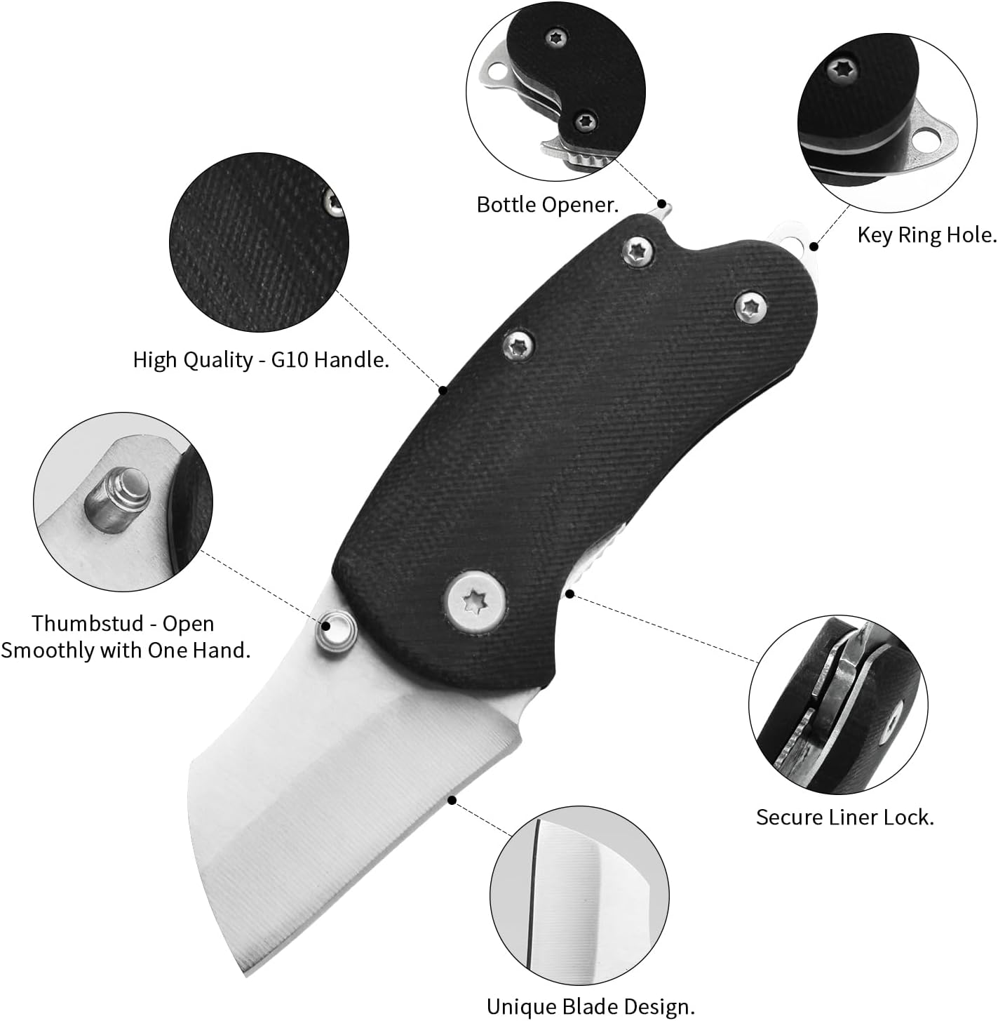 Cuchillo de bolsillo plegable pequeño, mango G10, pequeño cuchillo EDC de hoja de 1.8 pulgadas con abrebotellas, herramienta EDC perfecta para