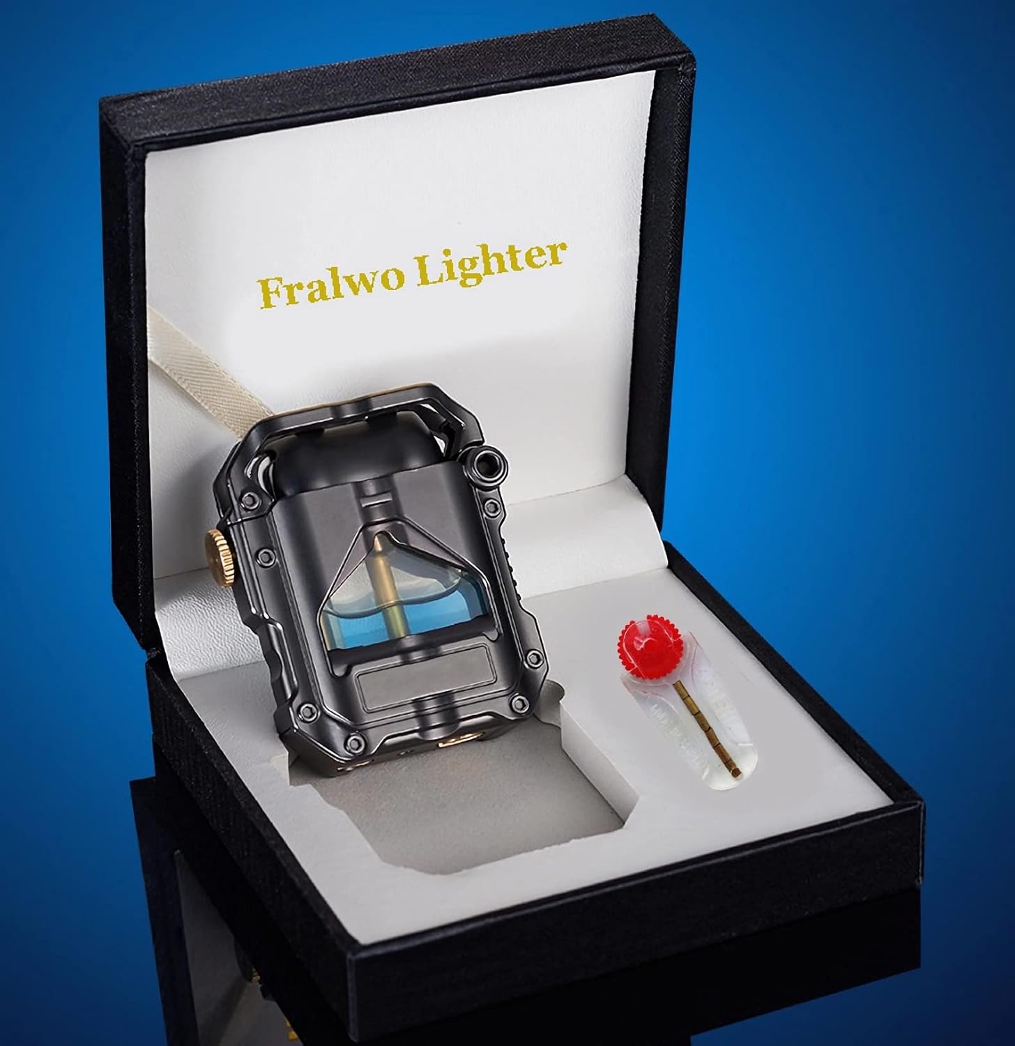 Encendedor de trinchera con luz LED azul, encendedor mecánico transparente novedoso, regalos únicos para hombres (negro)