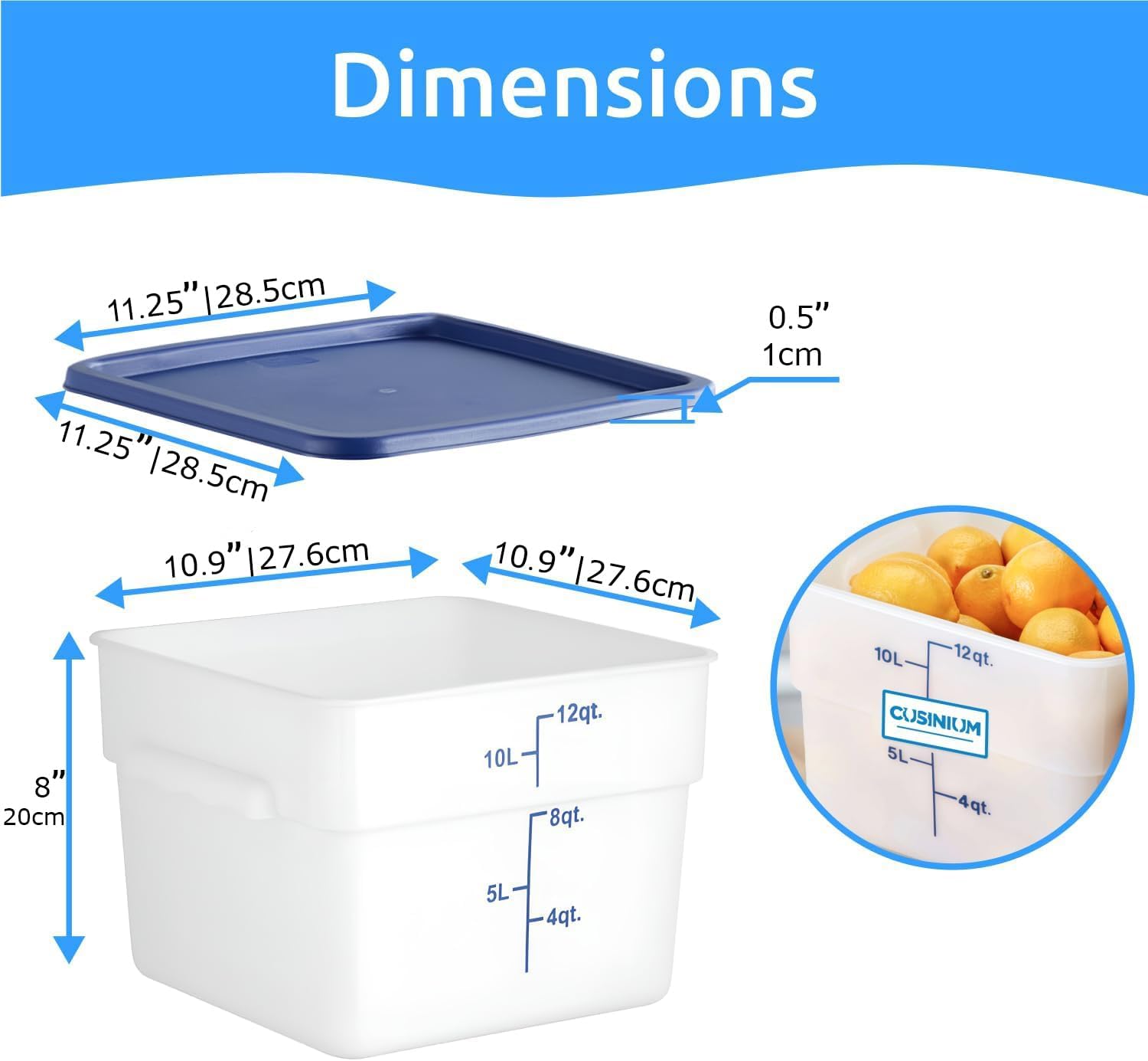 CUSINIUM Paquete de 2 recipientes cuadrados blancos de almacenamiento de alimentos de 12 cuartos con tapas