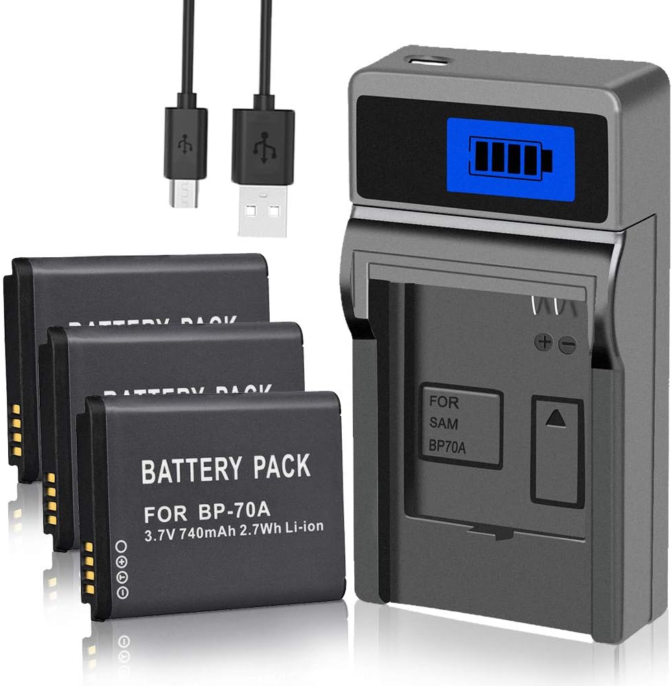 Paquete de 3 baterías de repuesto BP-70A con cargador para Samsung BP70A BP 70A WB30F, WB35F, WB50F, DV150F, ST150F, MV800, ES65, ES67, ES70, ES71,
