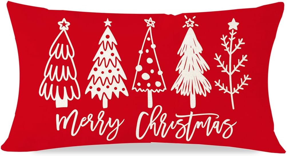 Fundas de almohada de árbol de Navidad de 12 x 20 pulgadas, almohadas lumbares rojas de Navidad, fundas decorativas modernas de casa de campo,