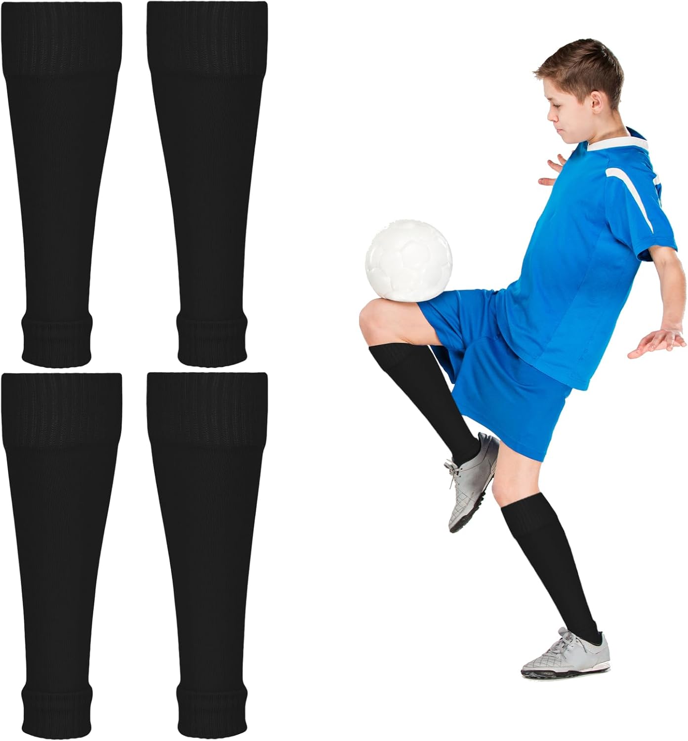 2 pares de mangas de calcetines de fútbol para niños, mangas elásticas para piernas de equipo, espinilleras de fútbol para jóvenes, niños, juegos de
