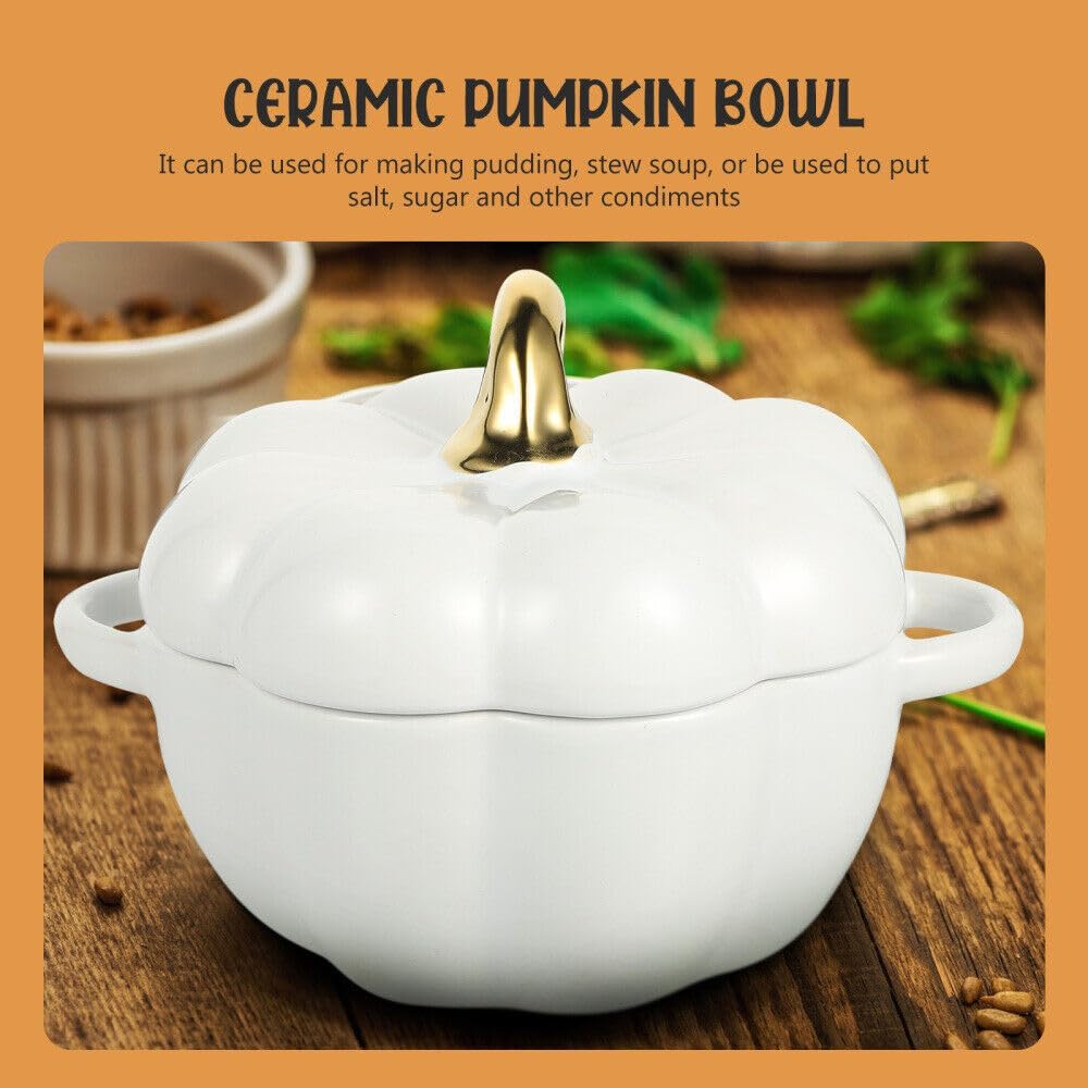 Cuenco de sopa de calabaza de cerámica con tapa, plato de calabaza plato de sopa de cereales de cerámica con tapa, vajilla creativa de moda (blanco)