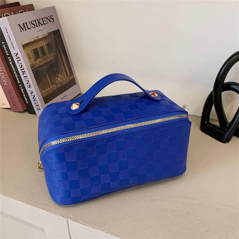 CIREA Bolsa de cosméticos de viaje de gran capacidad marrón a cuadros bolsa de maquillaje PU cuero impermeable bolsa de cuidado de la piel con mango