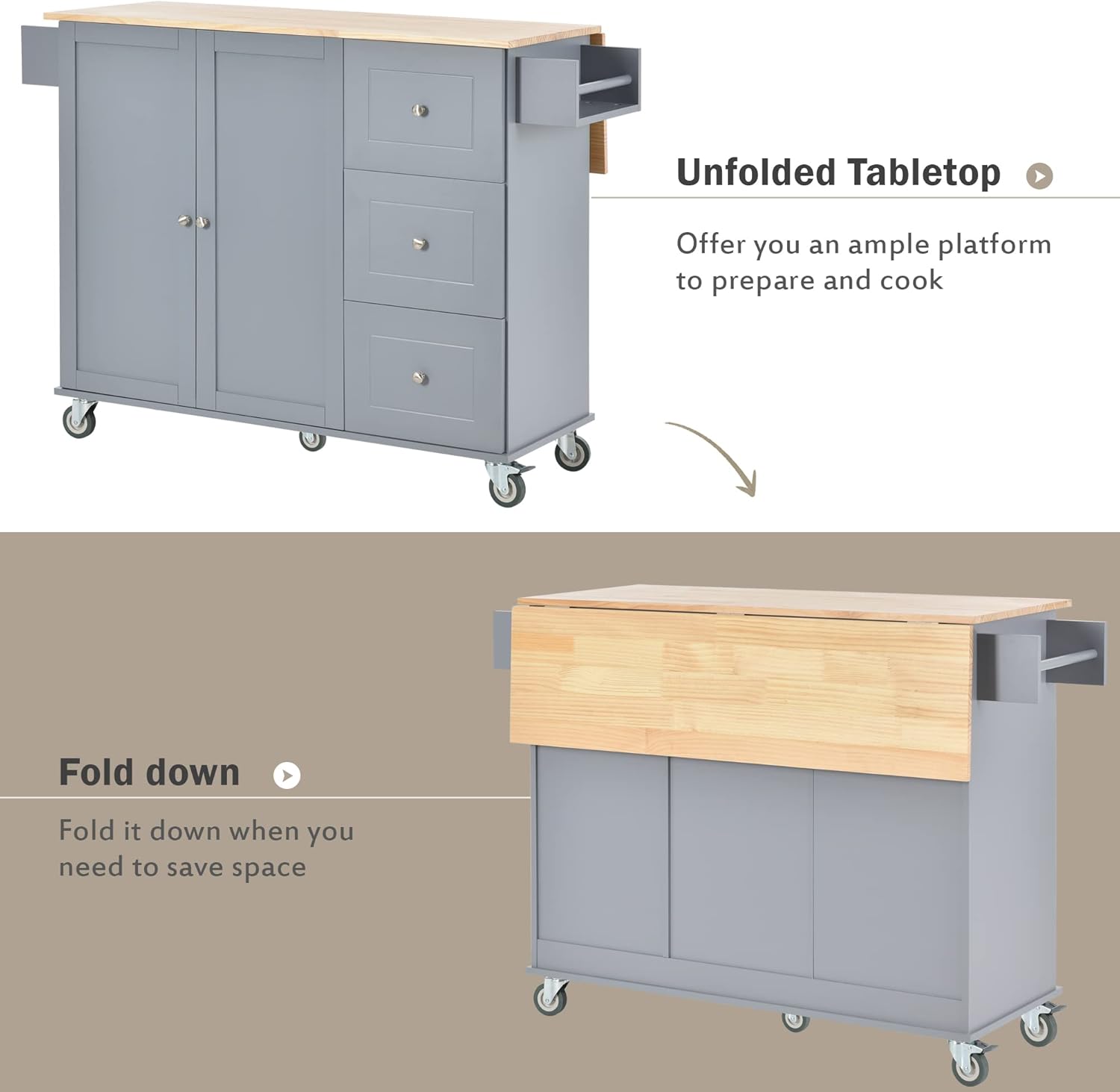 GLANZEND Carrito móvil de isla de cocina de 52.7 pulgadas con tapa de madera de hoja caída, estantes ajustables para barra de café con ruedas y