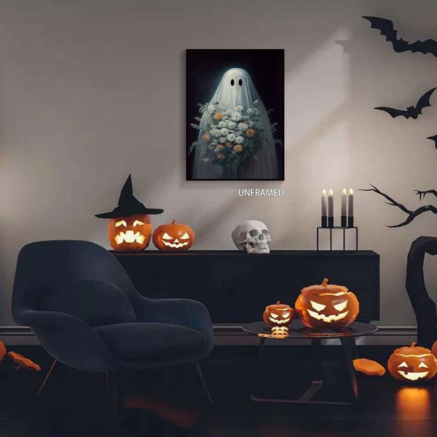 Wodkodnxy Lienzo decorativo para pared de fantasmas de Halloween, divertido póster de fantasmas lindos sosteniendo flores, Academia oscura