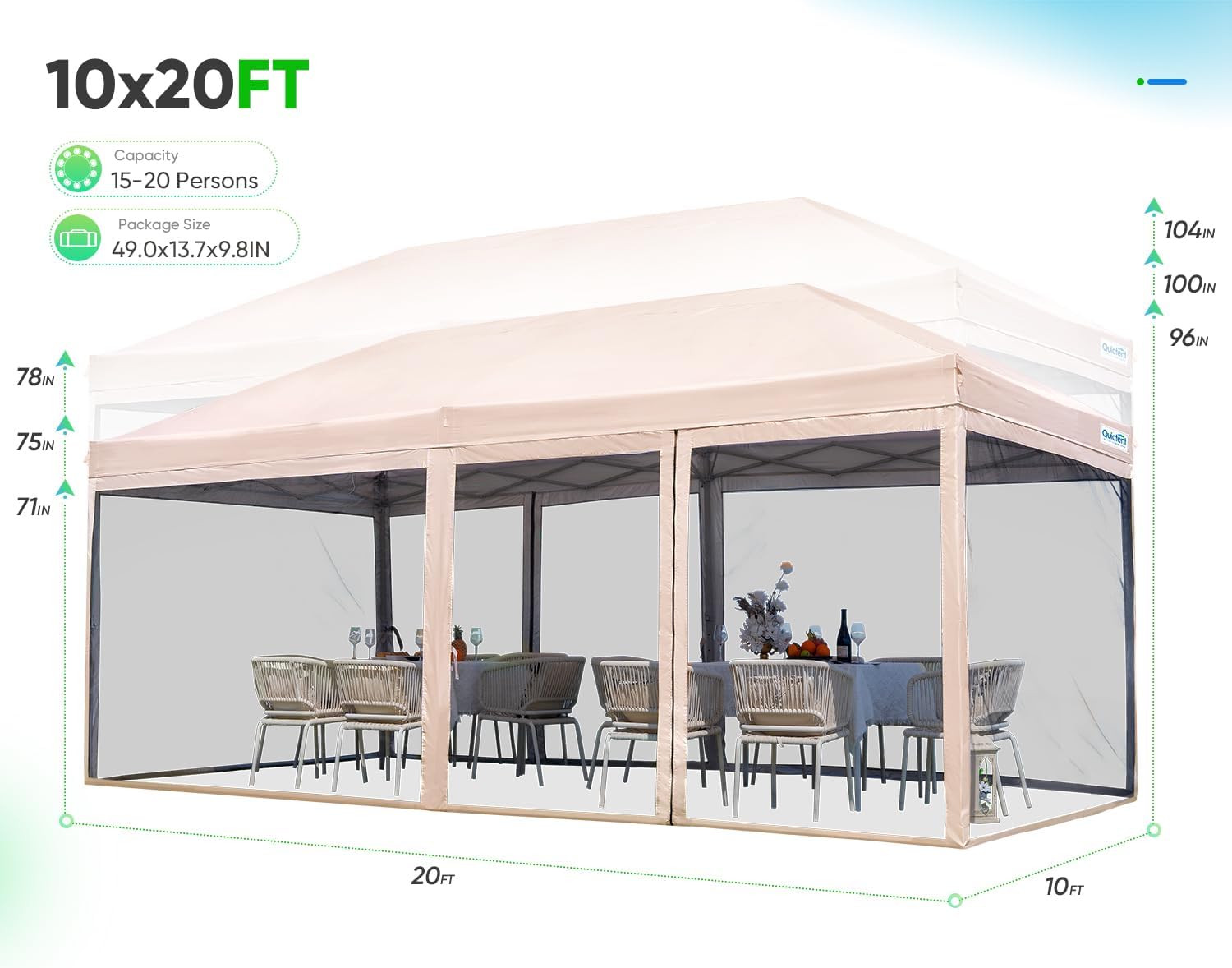 Quictent Tienda de campaña desplegable de 10 x 20 pies con mosquitera, tienda de campaña instantánea al aire libre para eventos, cenador, paredes