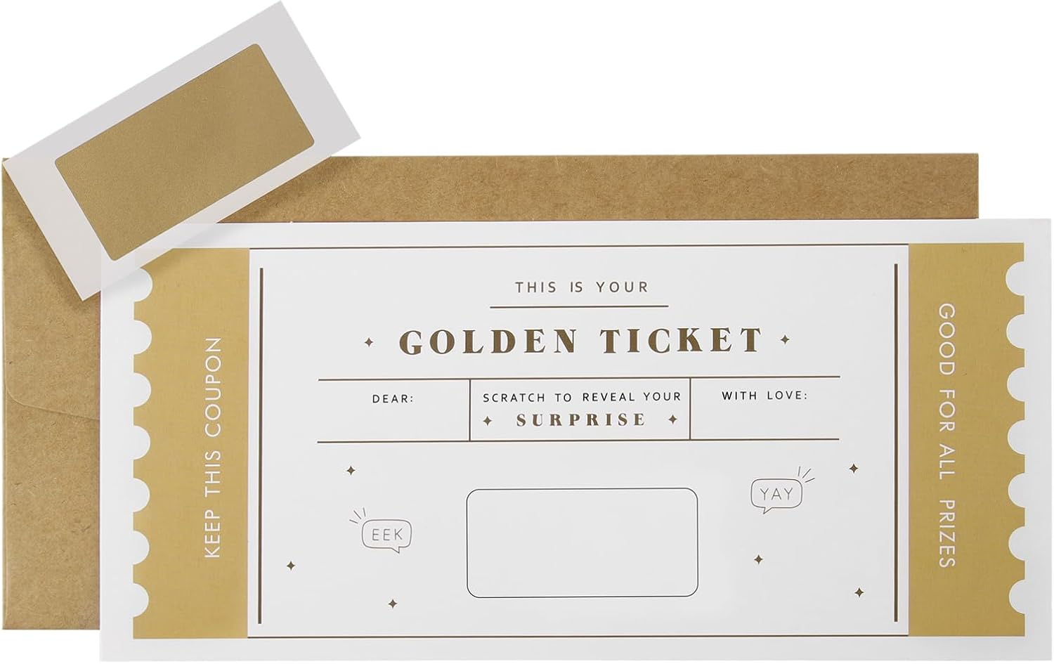 CJ&M The Golden Ticket  Boleto sorpresa para rascar y revelar, boleto dorado, tarjeta rasca, vacaciones sorpresa, revelación de regalos, regalo