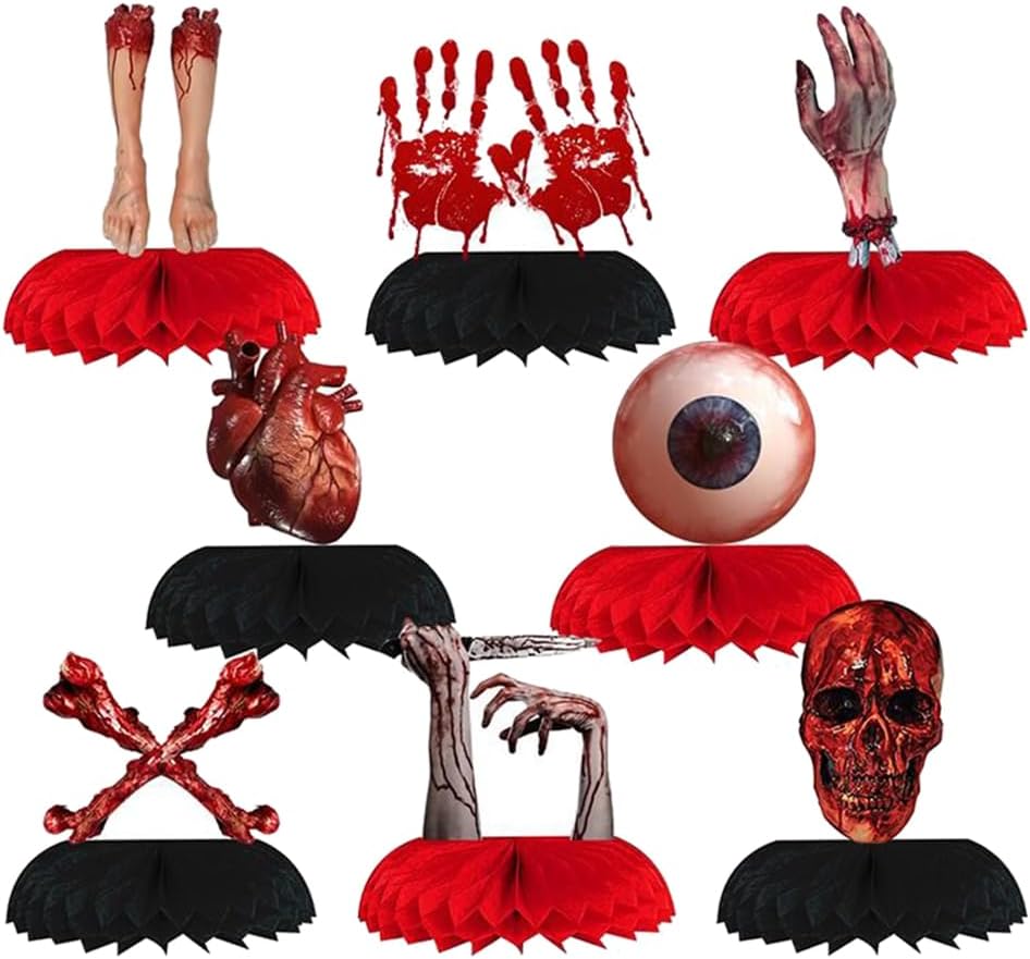 Dulousia Centros de mesa sangrientos de Halloween, 8 piezas 3D espeluznantes partes del cuerpo roto de panal, decoración de mesa de cadáver