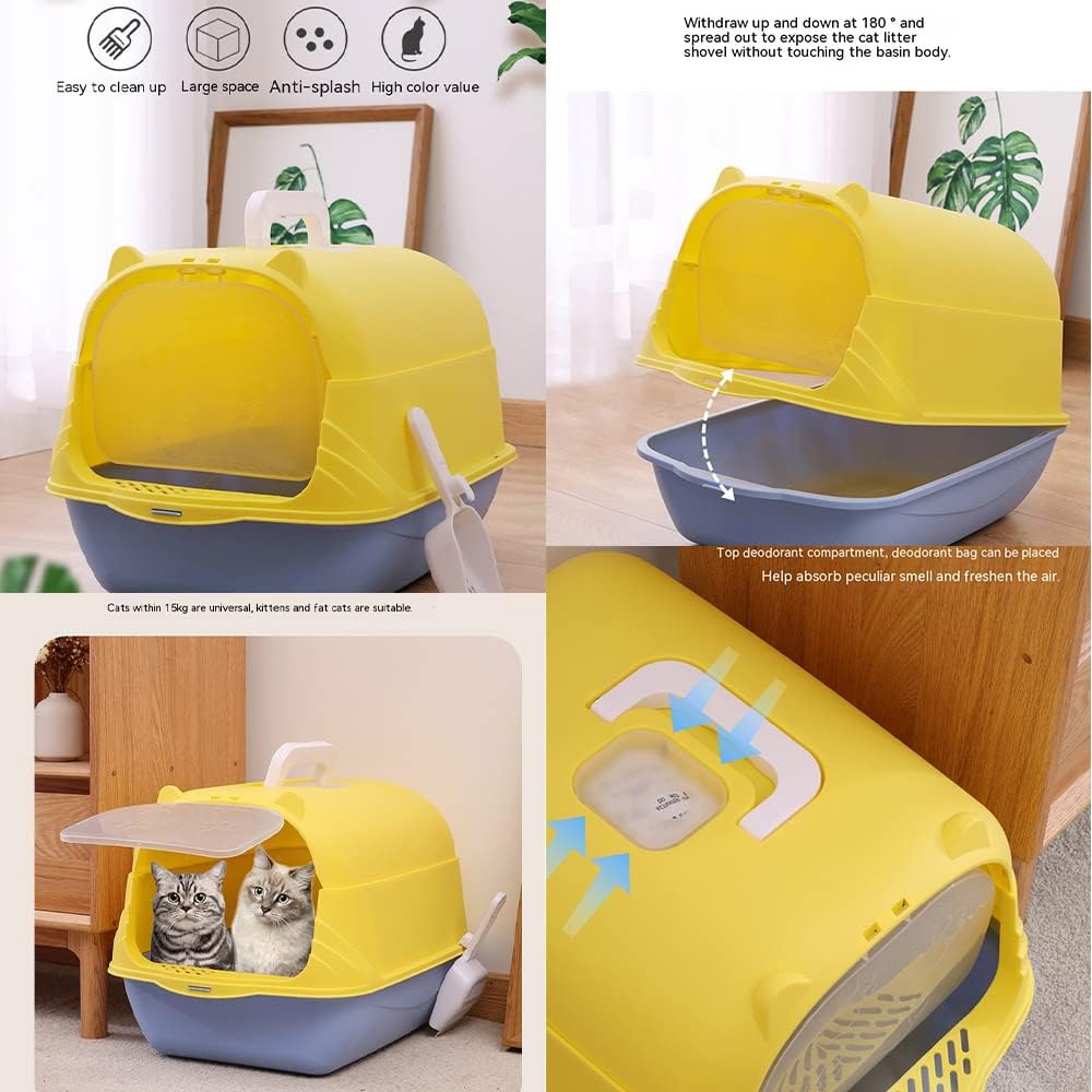 Caja de arena grande cerrada para gatos, caja de arena con capucha, tapa abatible, bandeja de arena para gatos con control de olores en la puerta,