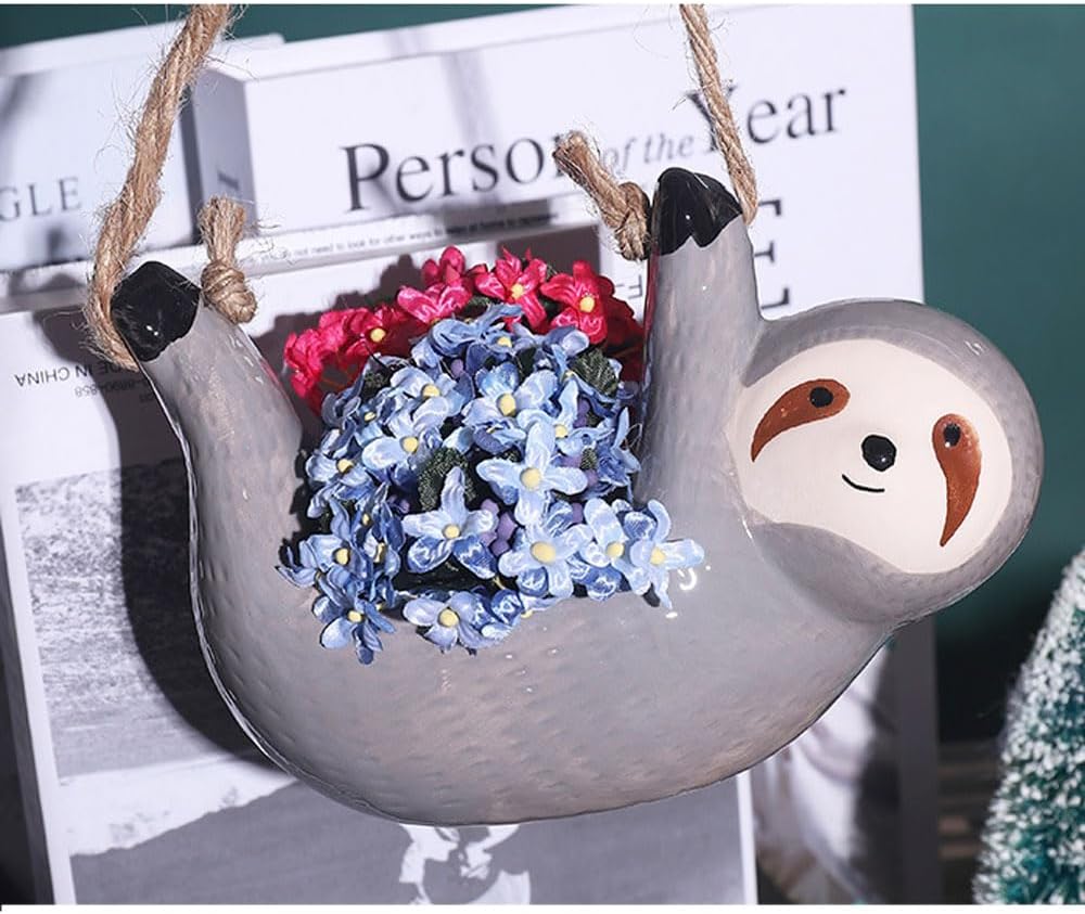 Maceta colgante de cerámica con forma de perezoso de dibujos animados para interiores, maceta colgante de cerámica para plantas de aire suculentas,