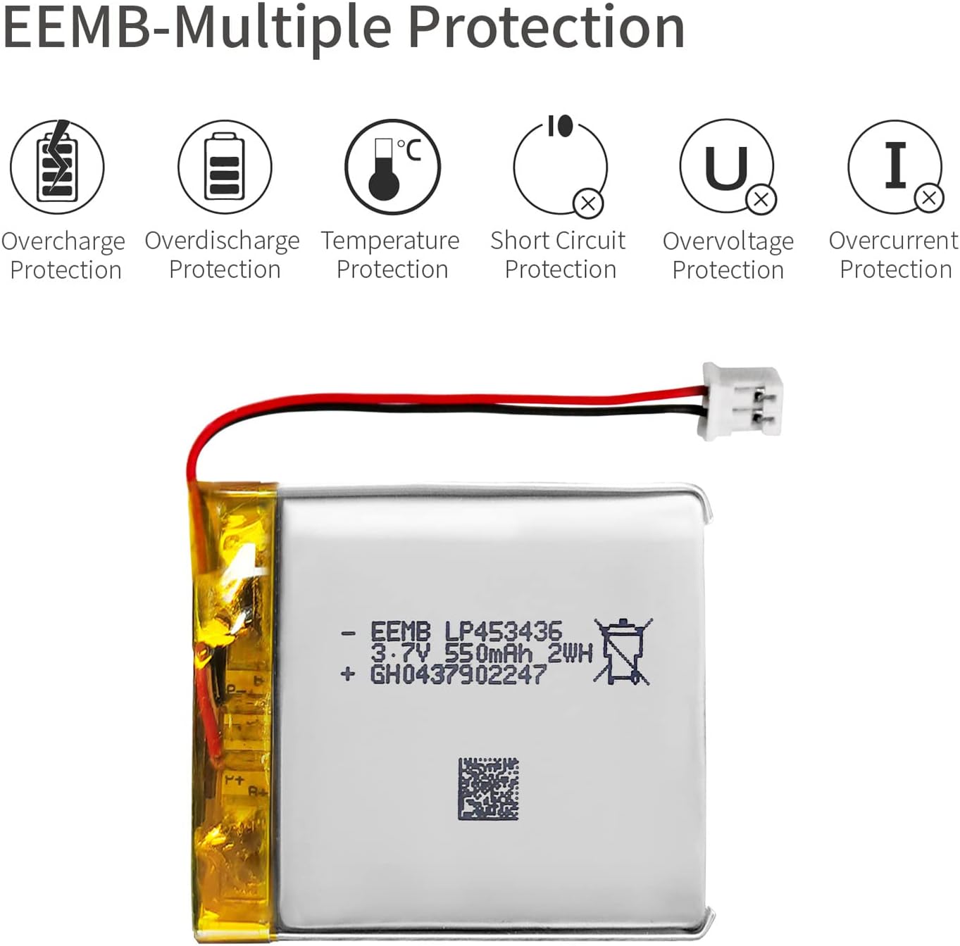 EEMB 3.7V 550mAh 453436 Lipo Batería recargable Batería de iones de polímero de litio con conector JST Asegúrese de que la polaridad del dispositivo