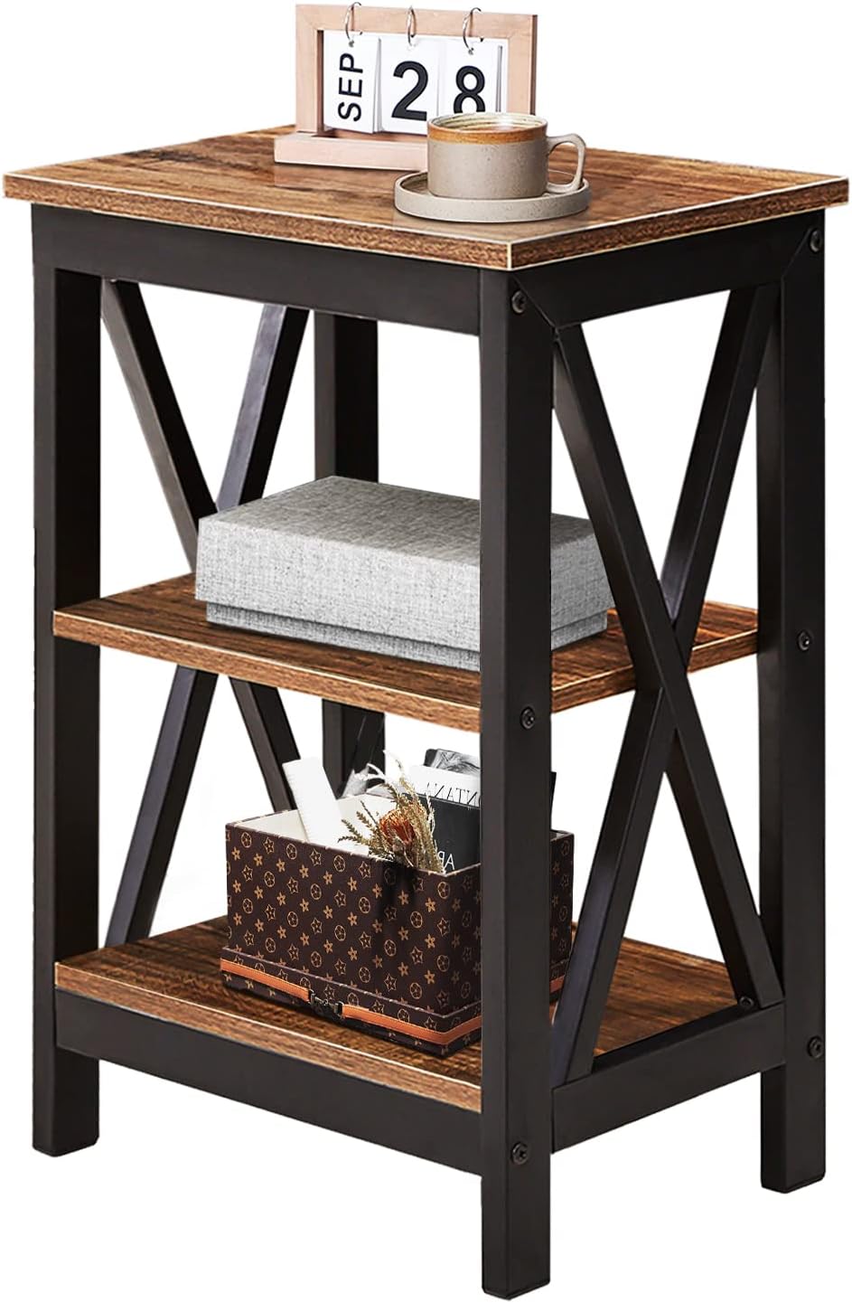 VECELO Mesita de noche mesa auxiliar con estante de almacenamiento de 3 niveles para sala de estar, dormitorio, marco de acero estable, fácil