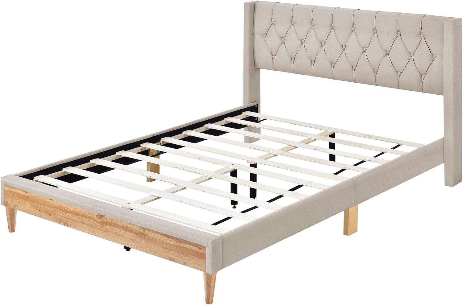 Base de cama tamaño Queen, plataforma tapizada de tela de lino con cabecero y patas de madera de goma, no necesita somier, para niños, adolescentes,