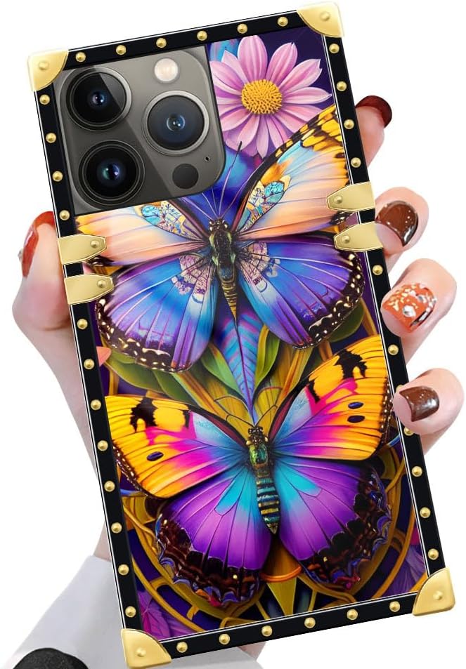 Funda cuadrada compatible con iPhone 15 Pro Max (6.7 pulgadas), hermosa mariposa Flosers dorada, de lujo, suave TPU duro, parte trasera de