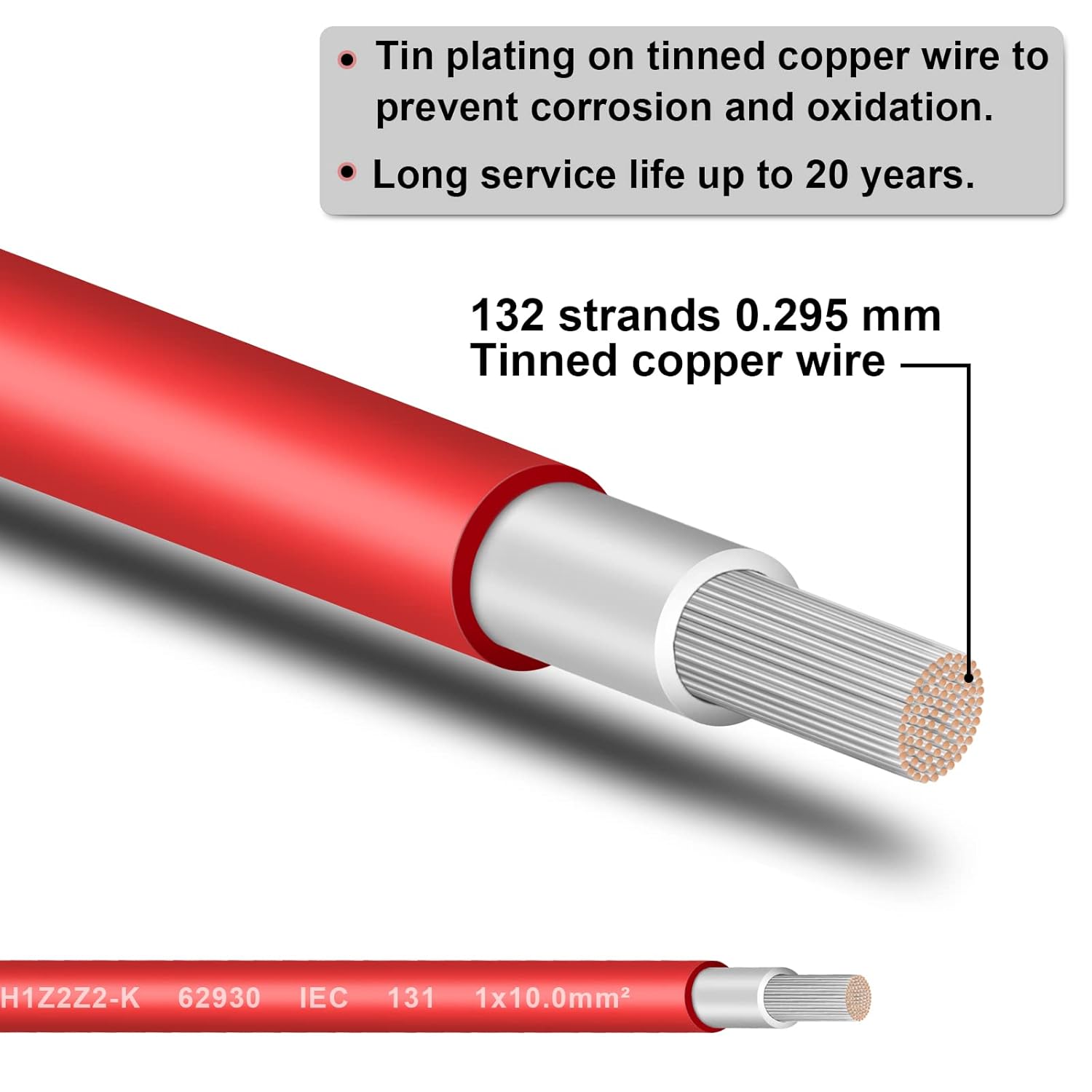 Shirbly Cable de panel solar  Cable de cobre estañado rojo de 50 pies, 8 AWG (10 mm) cable de extensión solar para exteriores, automóvil, RV, barco,