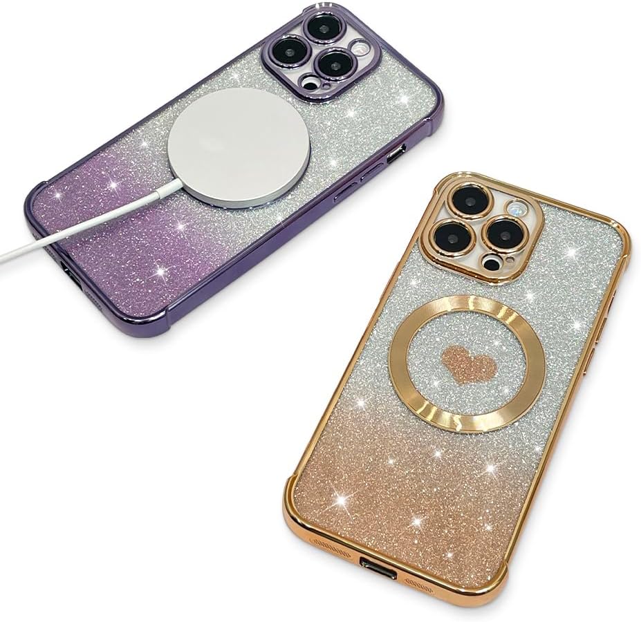 AIGOMARA Funda magnética transparente con purpurina para iPhone 15 Pro, compatible con Magsafe, cubierta de TPU suave chapado de lujo con corazones