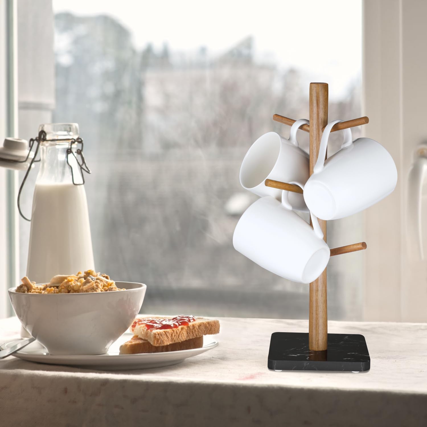 Buruis Soporte para tazas de madera, base de mármol, soporte para tazas, soporte para tazas, taza de café de cocina, soporte para encimera, soporte