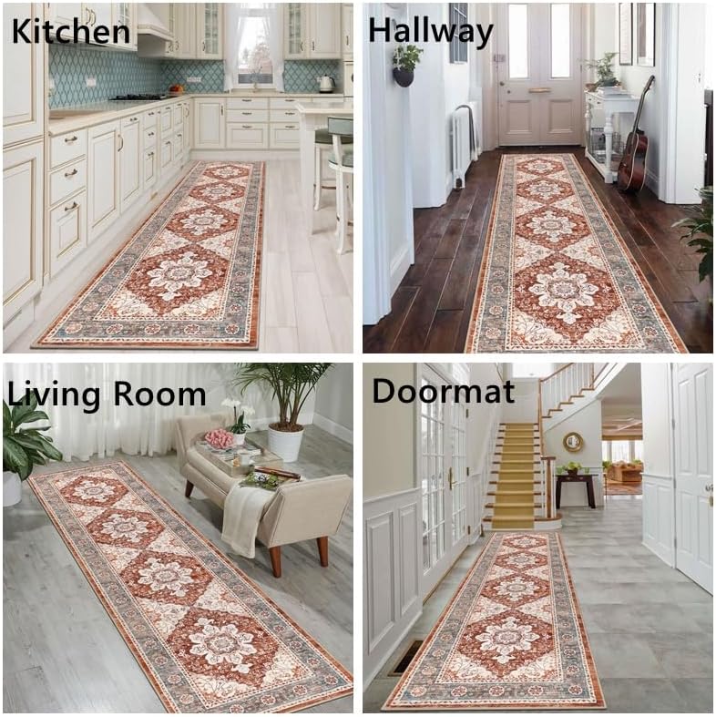 Ileading Alfombra vintage para pasillo, lavable a máquina, con parte trasera de goma, antideslizante, para entrada, dormitorio, sala de estar,