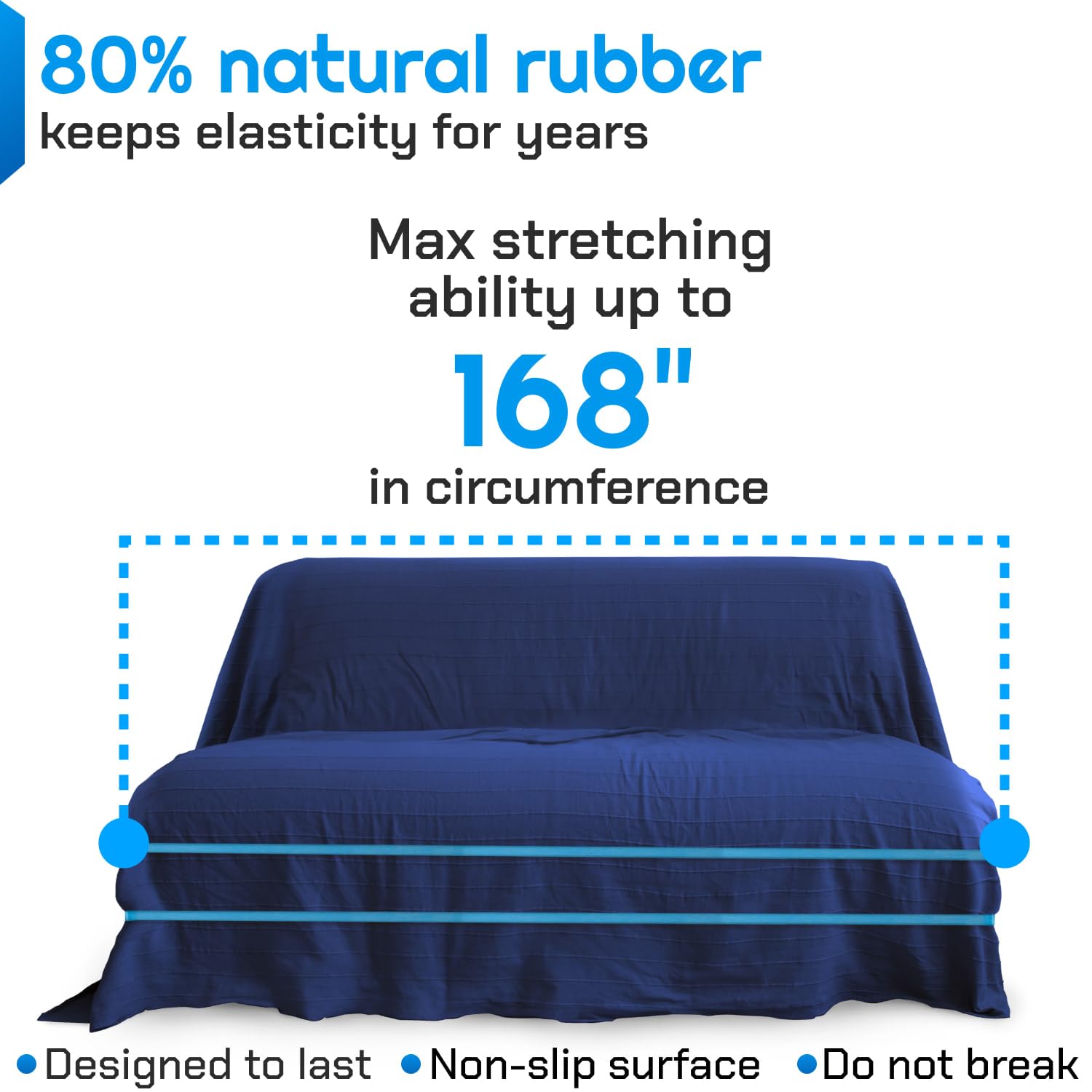 IDL Packaging Bandas de goma fuertes, elásticas y flexibles de 84 pulgadas, paquete de 8, azul, 2 veces de elasticidad, 80% goma natural, bandas de