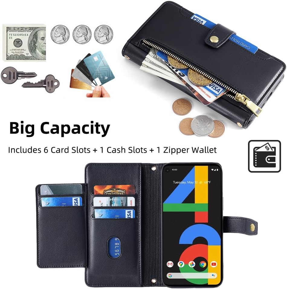 Asuwish Funda para teléfono para Google Pixel 4a 4G Funda tipo cartera y protector de pantalla con cremallera para tarjetero, soporte de cuero,