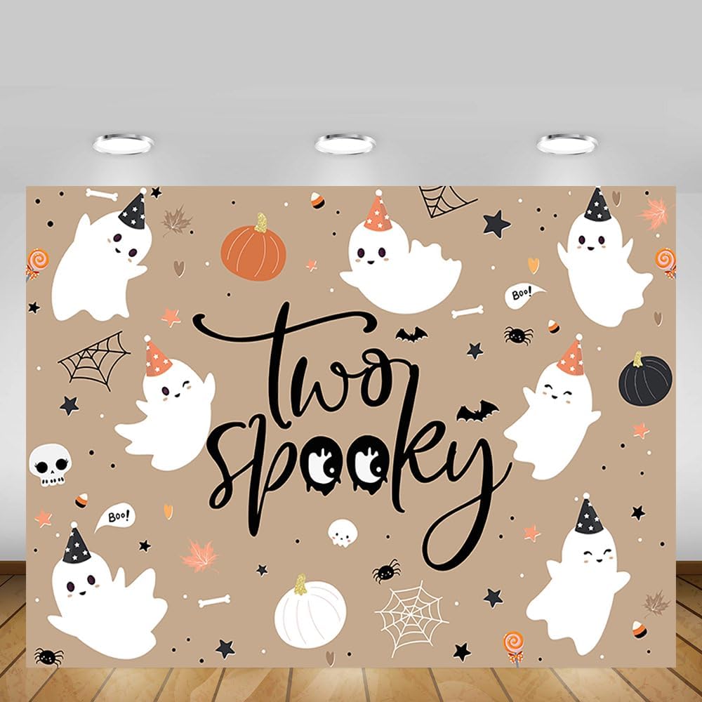 MEHOFOND Telón de fondo de feliz cumpleaños de Halloween de 7 x 5 pies para niños, para el segundo cumpleaños de Little Boo is Turrning dos