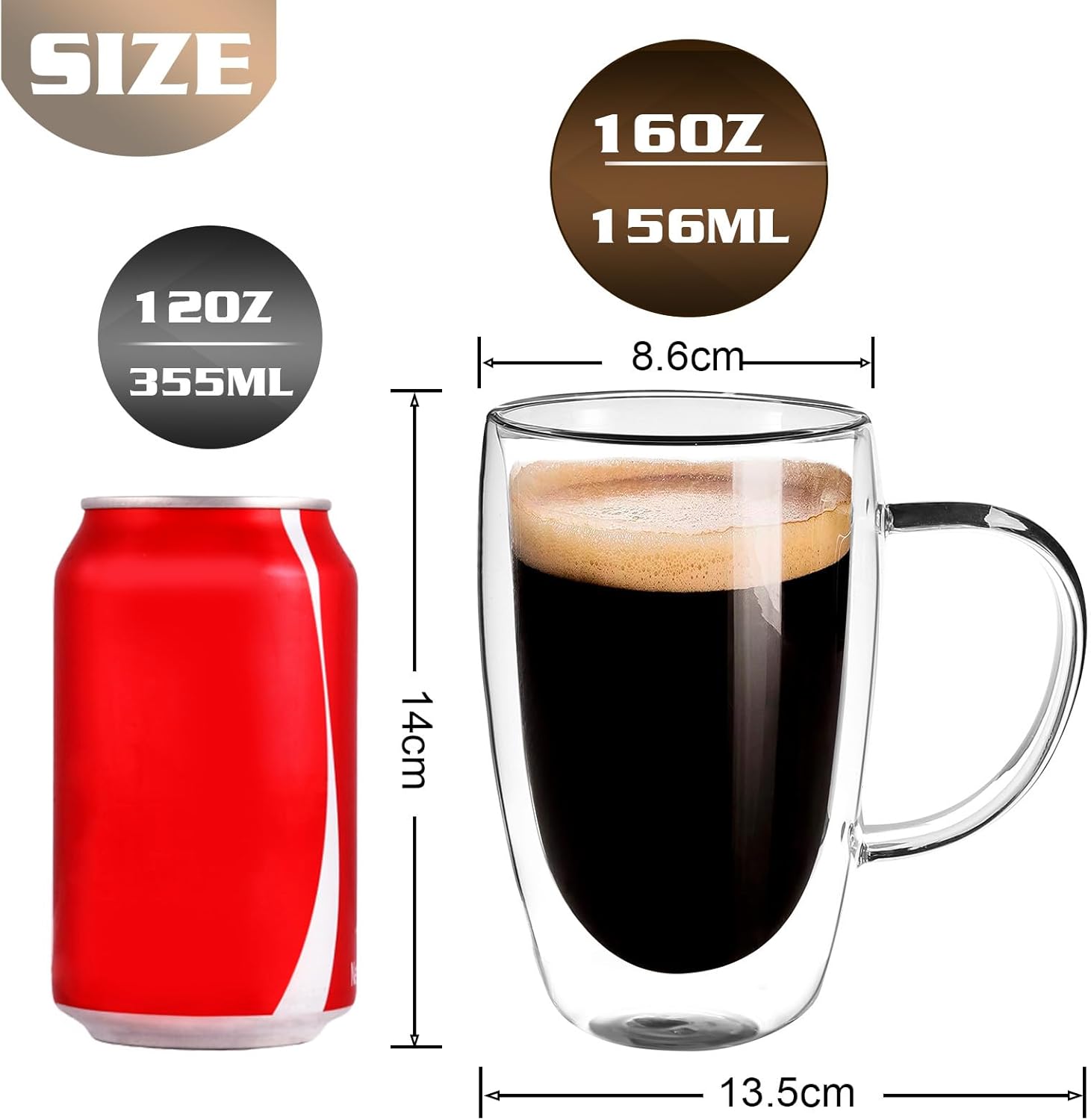 EYE4TECHS Juego de 2 tazas de café redondas con aislamiento de doble pared de vidrio transparente, tamaño grande de 16 onzas, la mejor taza de café