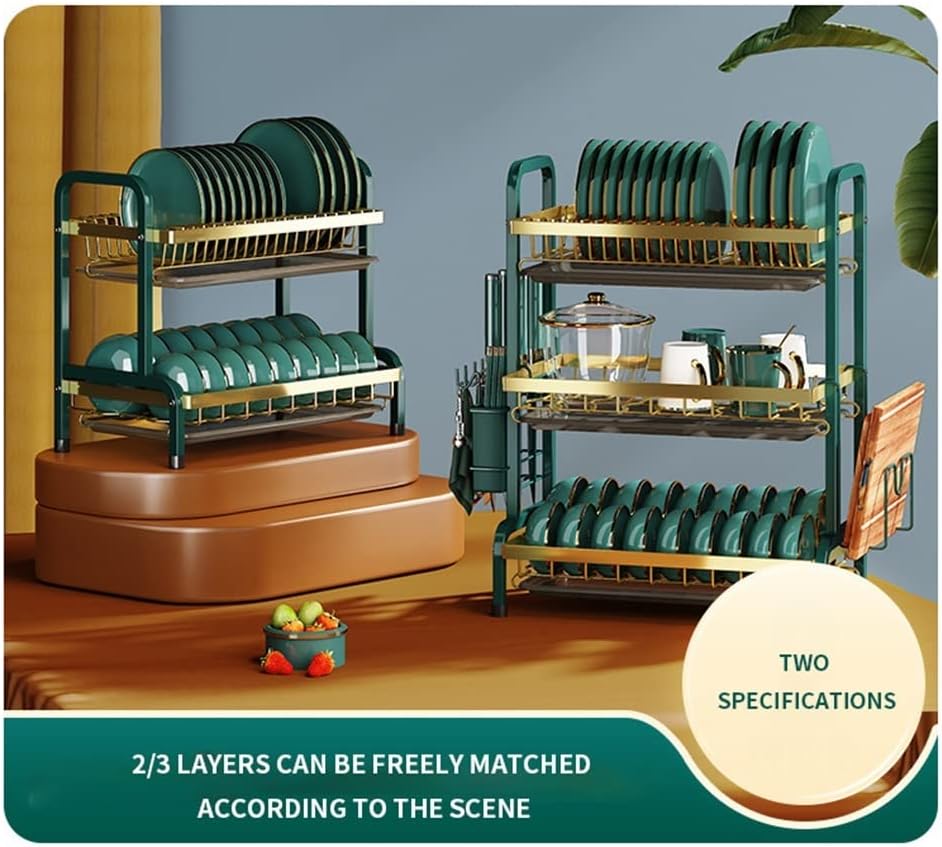 Escurridor de platos con escurridor de 2 niveles de acero inoxidable para encimera de cocina, escurridor de platos de 3 capas, estante organizador