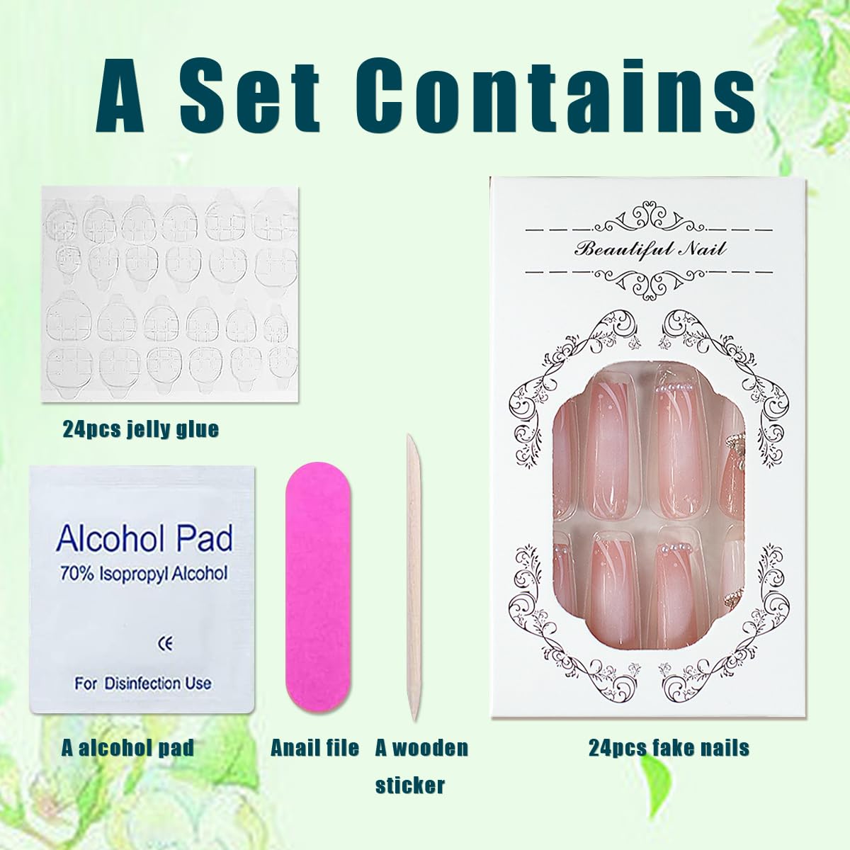 Uñas postizas a presión de punta francesa, uñas postizas largas y cuadradas, color rosa, con pegamento, diseños de perlas de amor, uñas acrílicas