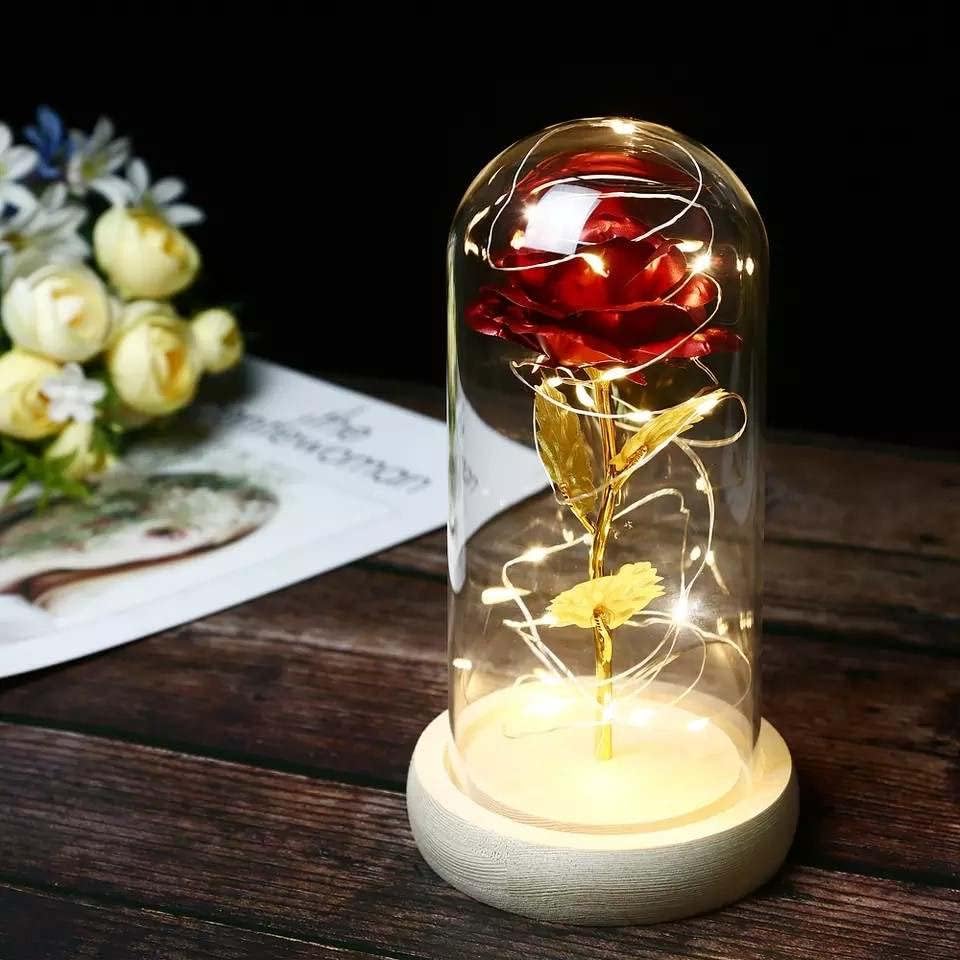 Colibri – Rosa dorada de 24 quilates en cúpula de cristal, regalos del día de San Valentín y el día de la madre, aniversario de boda, lámpara LED de