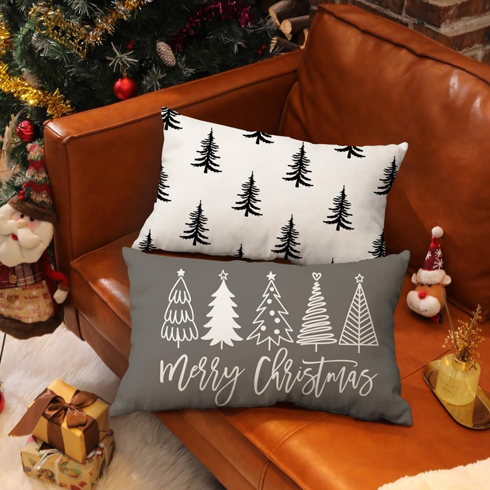 DFXSZ Fundas de almohada de Navidad de 12 x 20 pulgadas, diseño de árbol de Navidad, color gris, decoración de invierno y Navidad para el sofá del