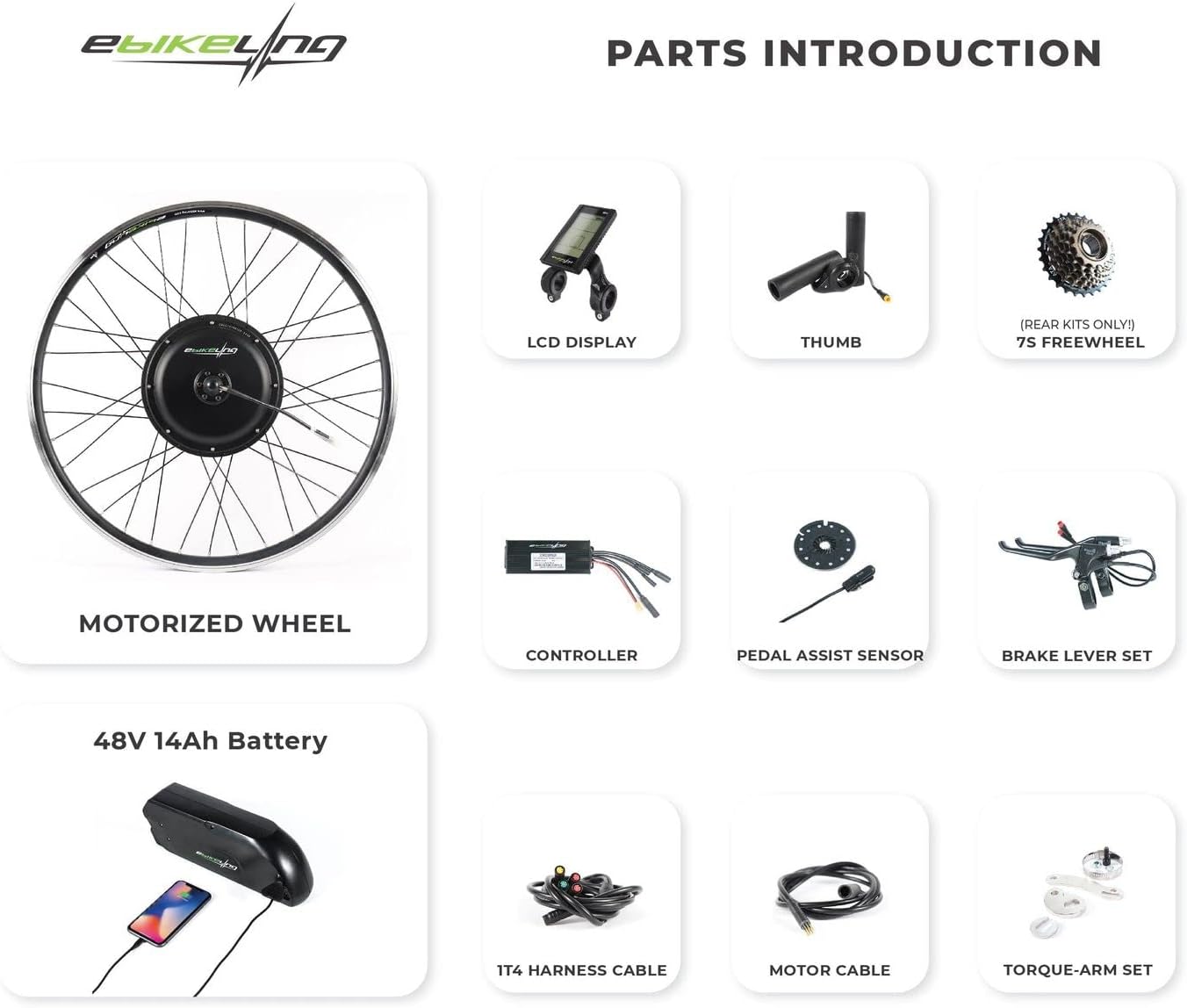 EBIKELING Kit de conversión de bicicleta eléctrica impermeable con batería de 20 pulgadas, neumático de grasa de conducción directa, rueda delantera