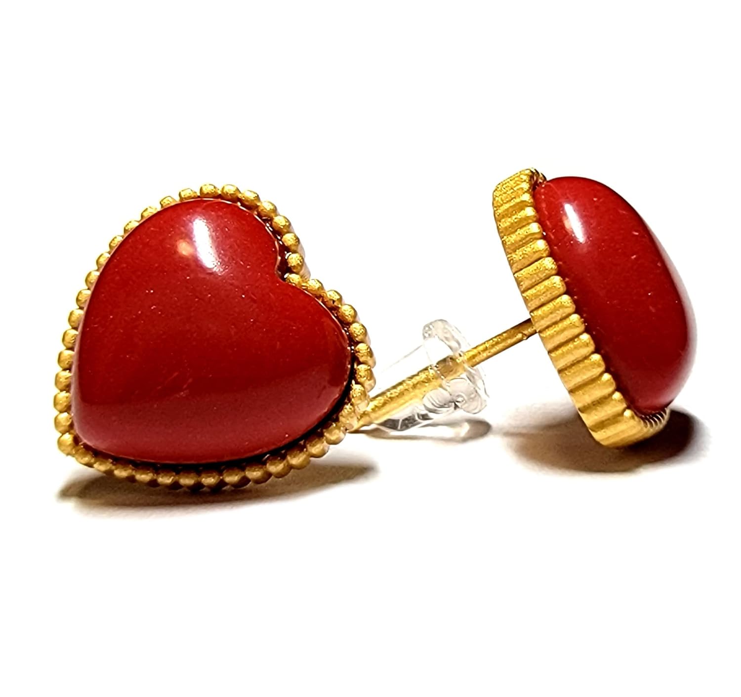 925 Sterling Silver Red Jasper Heart Stud Earrings 14K Gold Plated Matte Finish Natural Gemstone Dainty Stud Women’s Earrings – Hypoallergenic Safe