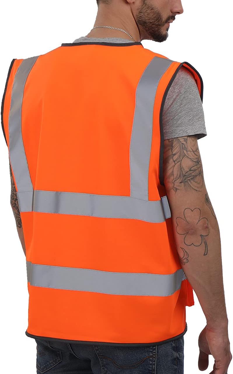 Chaleco de seguridad reflectante de alta visibilidad, clase 2 ANSI, con bolsillos y cremallera, ideal para trabajo en la construcción, de alta