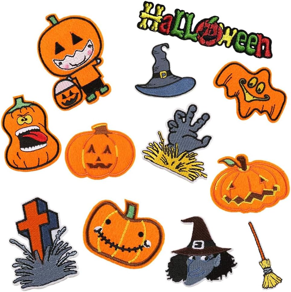 12 parches para planchar de Halloween, calabaza naranja, bruja para coser en apliques bordados, parches de reparación, accesorios de manualidades,