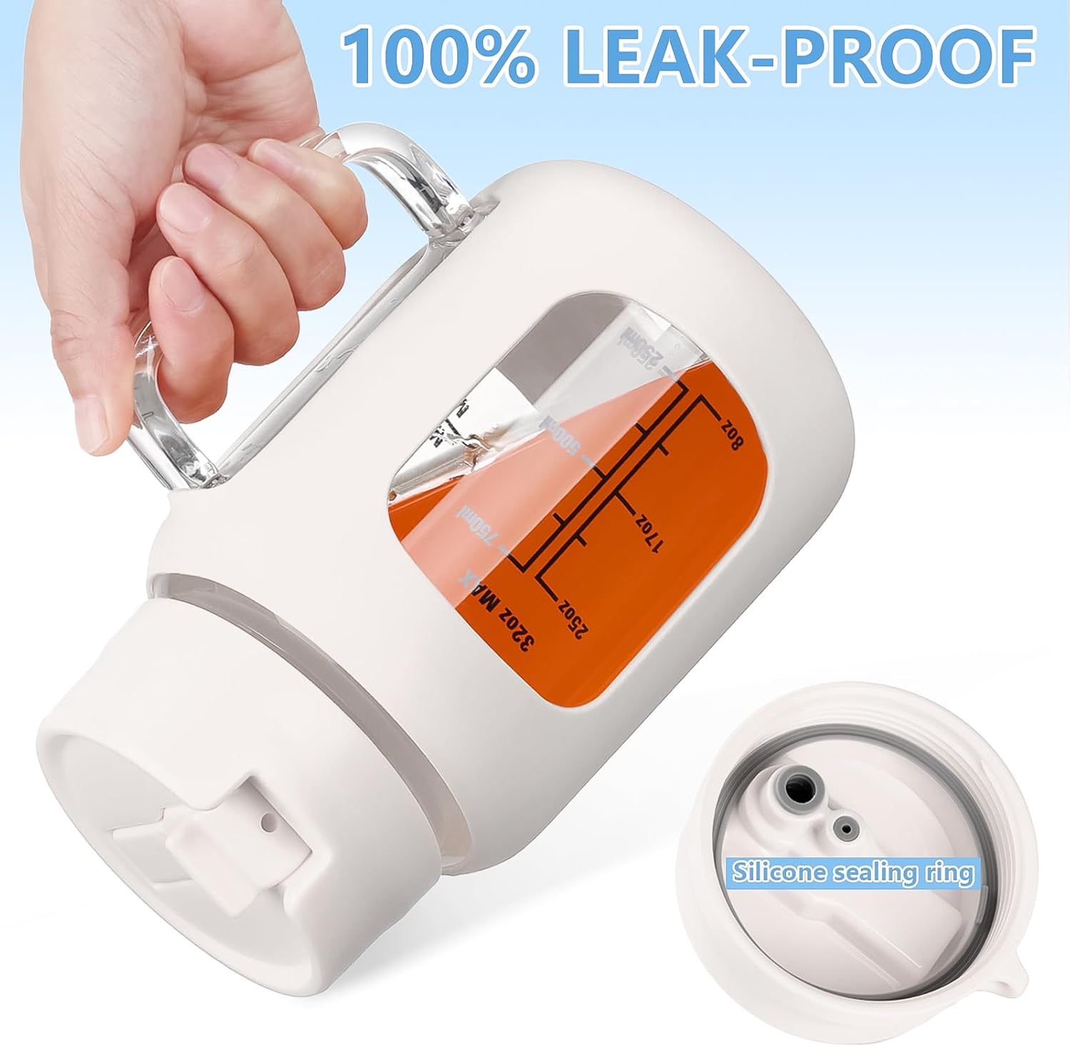 Botella de agua de vidrio de 32 onzas con asa, vaso de vidrio 100% a prueba de fugas con tapa de popote incorporada, reutilizable, vaso de agua de