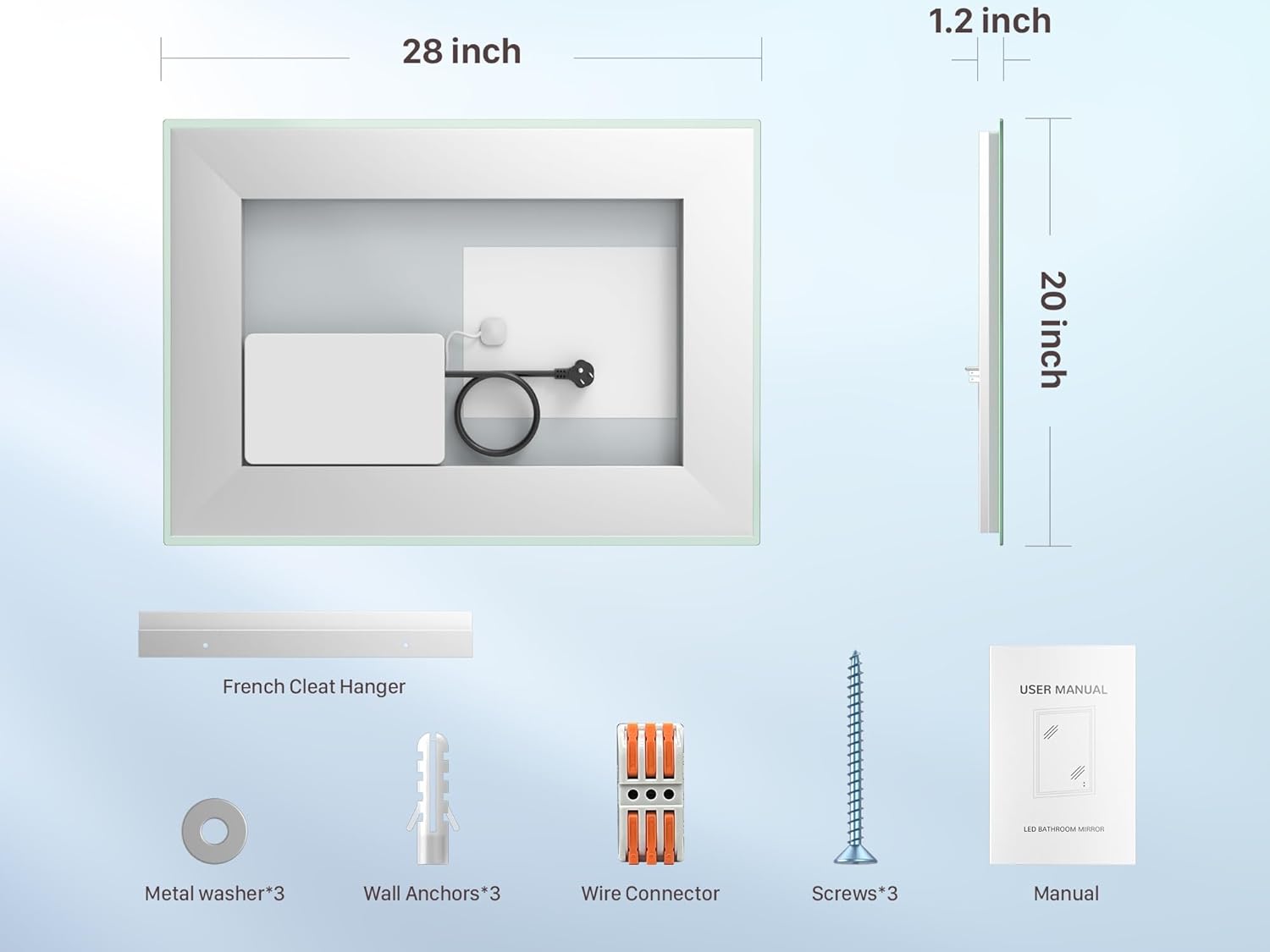 Espejo de baño LED, 28 pulgadas de largo x 20 pulgadas de ancho, varios tamaños opcionales, espejo de tocador con retroiluminación y luz frontal,
