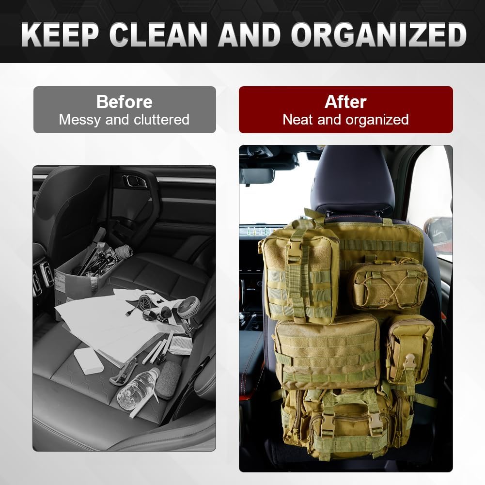JDMON Organizador táctico universal para respaldo de asiento, panel Molle con 5 bolsas de almacenamiento multifuncionales desmontables adecuadas