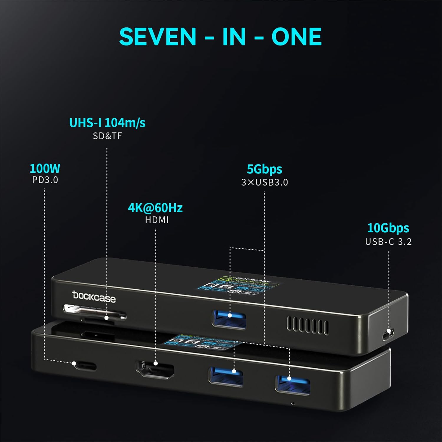 DockCase Hub USB C inteligente visual (7 en 1) con puerto HDMI 4K a 60Hz, entrega de energía PD de 100 W, 3 puertos de datos USB-A de 5 Gbps, lector