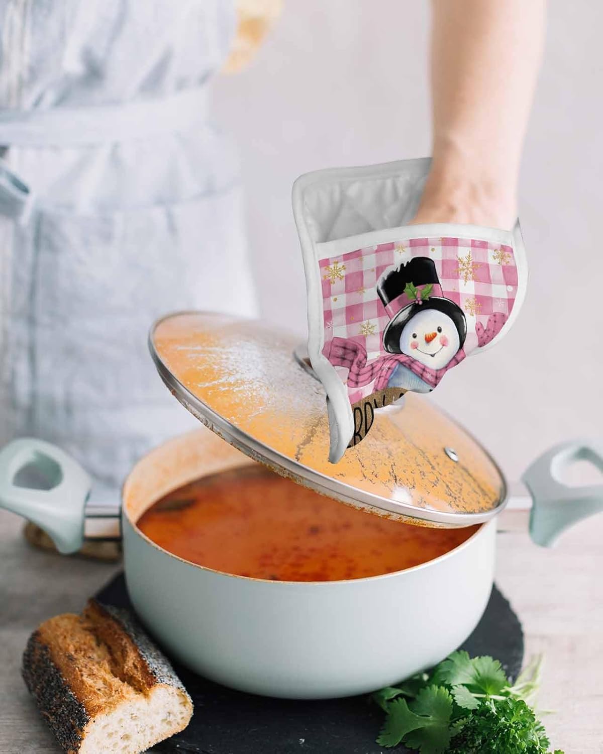 Snowman Pink 4Pcs Pot Holders for Kitchen,Non Slip & Heat Insulation Terry Cloth Potholder Set with Pocket,Thick Hot Pad Oven Mitts Trivet Coaster
