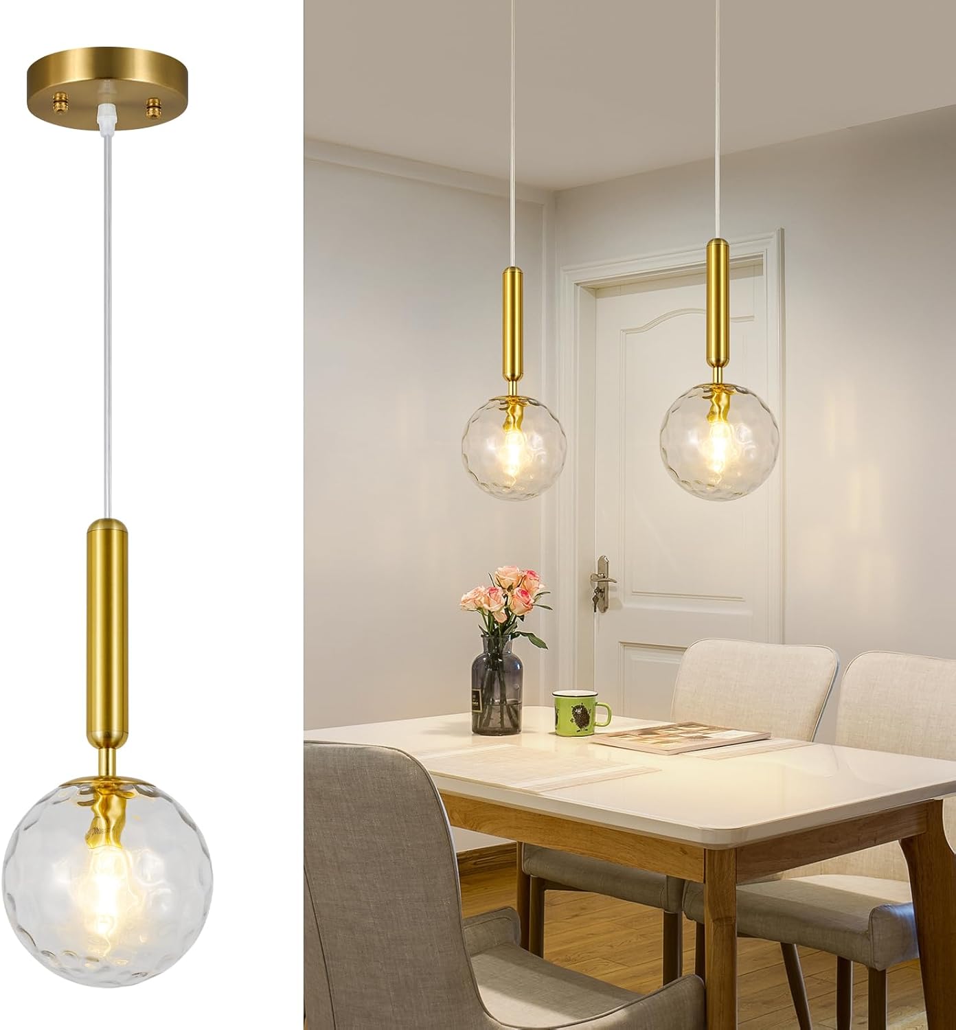 Lámpara colgante moderna dorada para isla de cocina de mediados de siglo con globo colgante de cristal transparente para sala de estar, dormitorio,