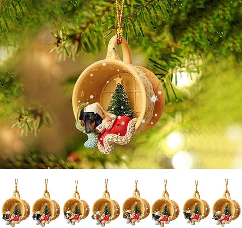 Adorno colgante de acrílico para árbol de Navidad, 8 piezas de colgantes de perro salchicha de Navidad no 3D de acrílico lindo perro salchicha con
