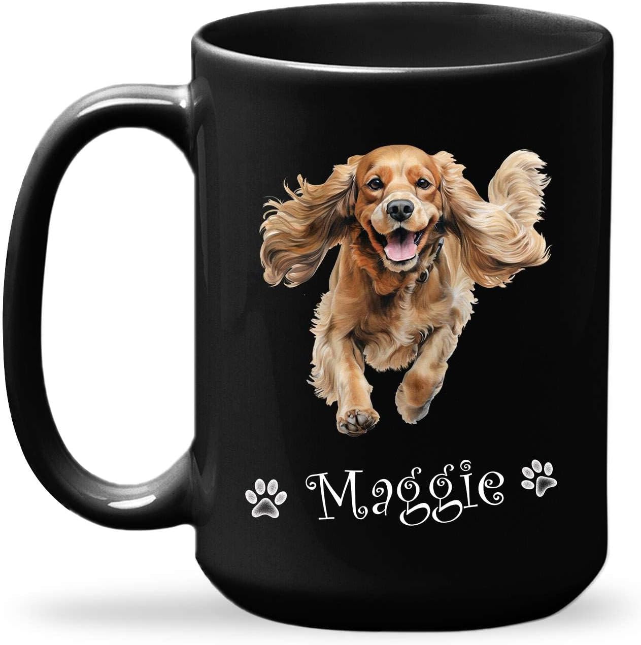 Taza de té de perro Happy Cocker Spaniel personalizada para abuelos, taza de café con nombre personalizado de 11 onzas y 15 onzas, taza de cerámica